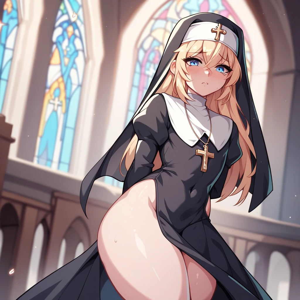 Masterpiece, top quality, best quality, official art, beautiful and aesthetic, anime, 1girl,extremely detailed, colorful, more detailed ((ultra-detailed)), (highly detailed CG illustration),Best Quality, High resolution, Unity 8k Wallpaper, (Illustration:0.8),extra detailed face,deteiled eyes,sharp, Perfect Lighting, extremely details CG, (Perfect hands, Perfect ???????), church, benches, icons, candles, dark light, crosses, 1girl, nun,long white hair,green eyes,long robe,medium ??????,skinny fit,long legs,stockings,stocking suspenders,thighs,in middle,looking in camera,laying on floor, ???????????.