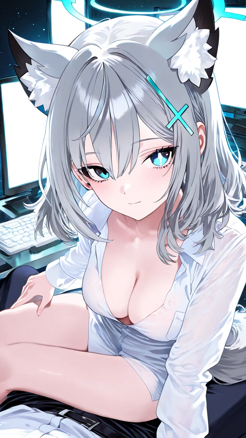 (​masterpiece、top-quality、hight resolution、Unity 8k Wallpaper、extremely details CG:1), In a very small, dimly lit room about the size of a private room in an Internet cafe, a young girl is  while intently watching the TV screen. The room is very small and has only a chair and a TV. The girl is completely absorbed in the , her eyes wide open and breathing roughly, fascinated. It is as if she is seeing something incredible for the first time. The scene is painted from the side, showing her sitting on the edge of the chair, leaning slightly forward and concentrating on the screen in profile. Her expression is one of pure engrossment, completely unaware of her surroundings. Her  pleasure rises with her first . , ((blushing, steam, female , breast grab))