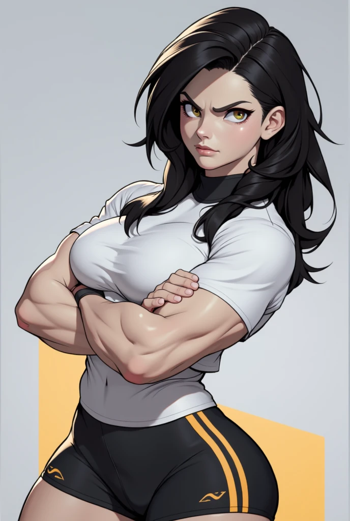 navel 1 girl pale skin ((muscular)) perky tits toned body thick thighs curvy black hair very long hair yellow eyes angry tight shirt  tight pants grey background