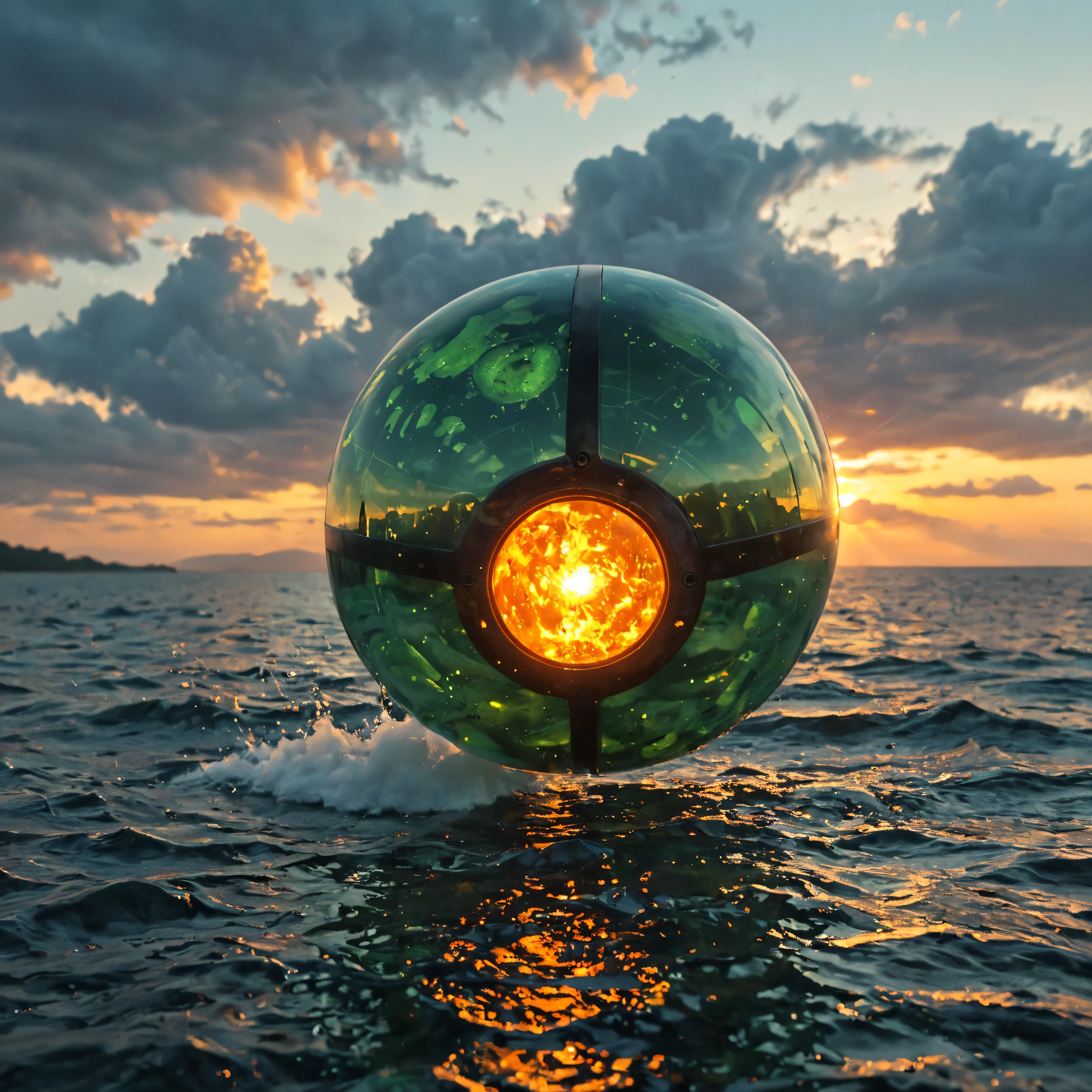 Ultra-realistic, photo-realistic, bright vibrant colors, 3D rendered realism, clear crisp images, hyperrealistic,
An electric blue sky filled with very large cumulus clouds that are purple, neon pink, and red, with smaller dark green and light lime green billowing clouds in front of these, and both layers are partially covering an oversized sun that hovers like a gigantic orange fireball in the sky. Attention to the texture of the clouds and the reflection in the lake water. Incorporate strangely lit orbs, that float above the water's surface. 8k, high-res, surrealism, aesthetically incredible and dramatic, cinematic photography, cinematic composition, icon style, intricate textures and details, best quality, vivid colors, realistic-looking, hyperrealistic, 3D rendered realism, UHDR, octane render, trending on artstation, stable diffusion, cinematic lighting and shading, cinematography, a masterpiece.