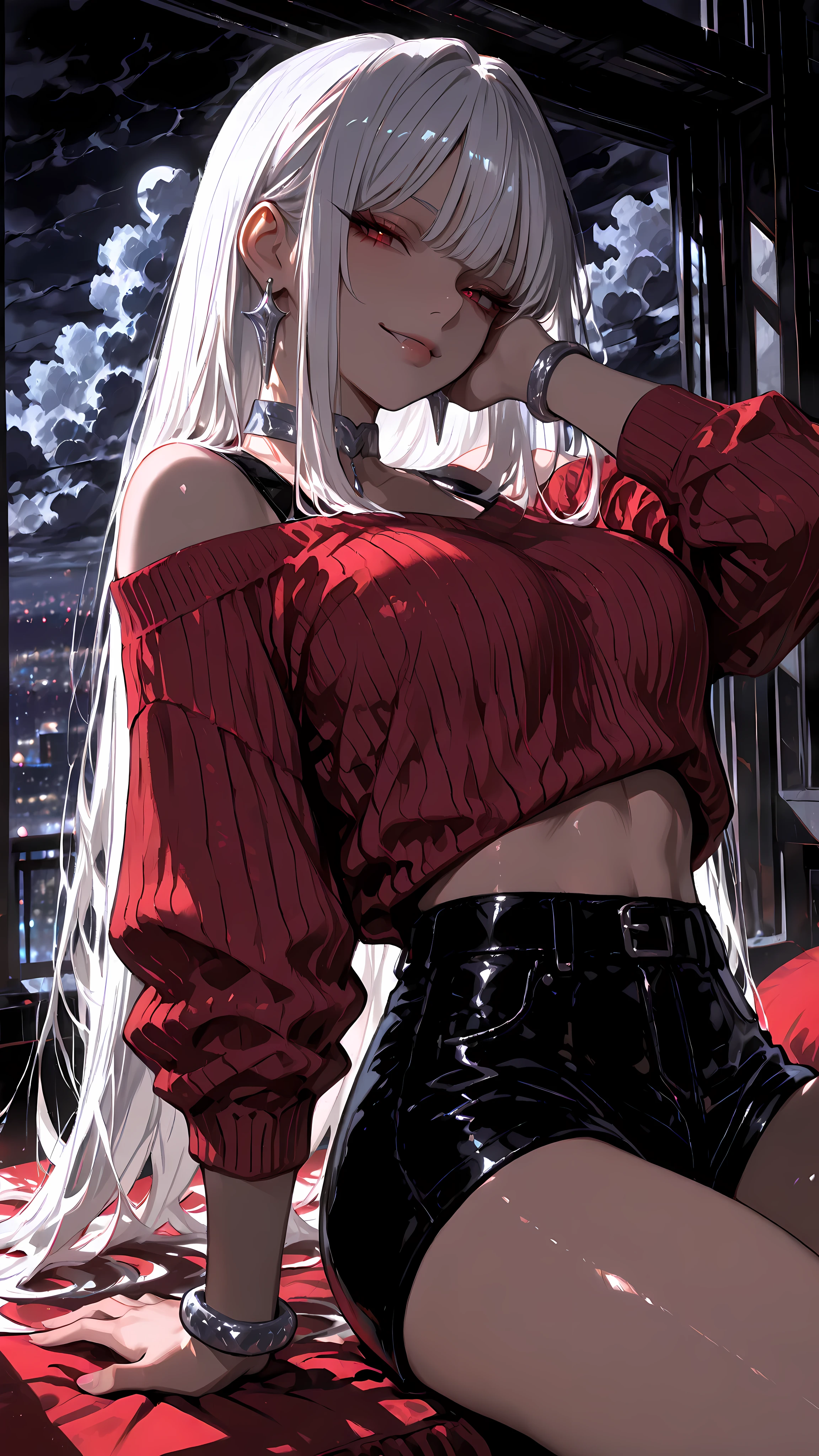 1girl, solo, very long hair, hair reaching mid-back, well-structured hair, compact hair mass, smooth hair flow, white hair, straight bangs, red eyes, intense expression, macabre little smile, confident pose, toned skin, exposed midriff, defined body, waist up, dynamic pose, looking at viewer, wearing a tight dark red ribbed cropped off-the-shoulder sweater, shiny high-waisted black leather shorts, ornate silver choker, sharp silver earrings, intricate silver bracelet, sitting on the edge of the bed, leaning back, one hand on the face, one hand resting on the bed, penthouse, floor-to-ceiling window, dramatic city skyline, storm clouds, dark sky, full moon outside, dim moonlight, deep shadows, low-key lighting, masterpiece, best quality, amazing quality, ultra-detailed, absurdres, newest, 8k, high resolution, anime style, japanese animation, well defined lines, modern cel shading background, clean illustration, crisp illustration, cinematic lighting, dramatic lighting, intricate lighting, volumetric lighting, atmospheric lighting, rim light, moody atmosphere, high contrast, soft shadows, flawless smooth pictorial skin texture, high-fidelity fabric textures, shallow depth of field, sharp focus on the character, beautiful detailed illustration, trending on ArtStation, very aesthetic.