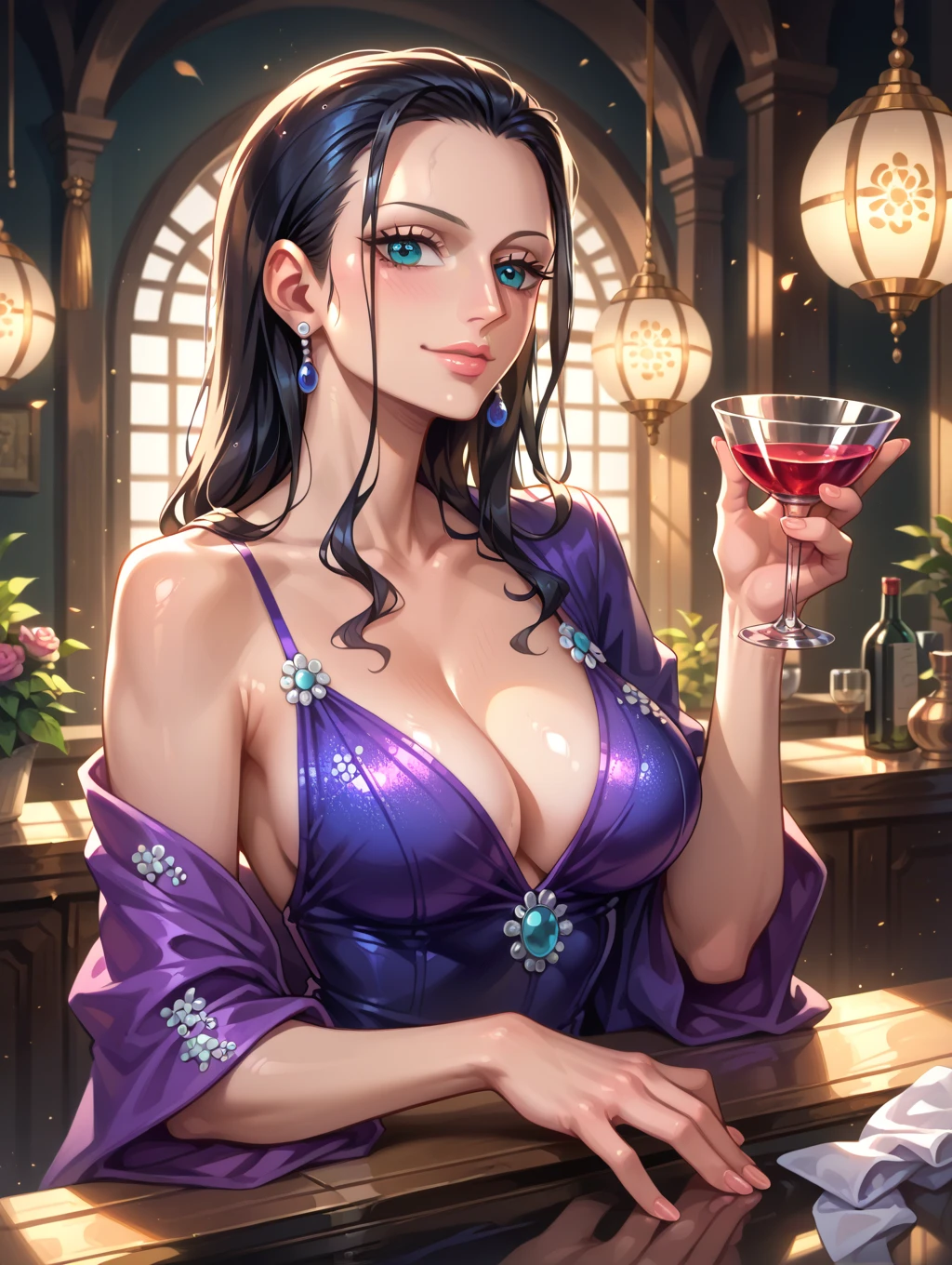 Black hair, long hair, red eyes, sexy, large breasts, beautiful body, masterpiece, smile, ((yellow rose print )), , hotel swimming pool,busty, buxom, curvy, voluptuous