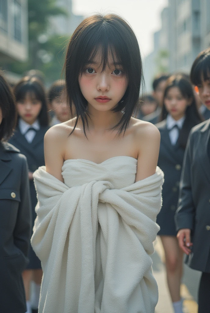 A  young woman stands alone、A group of men surround a woman