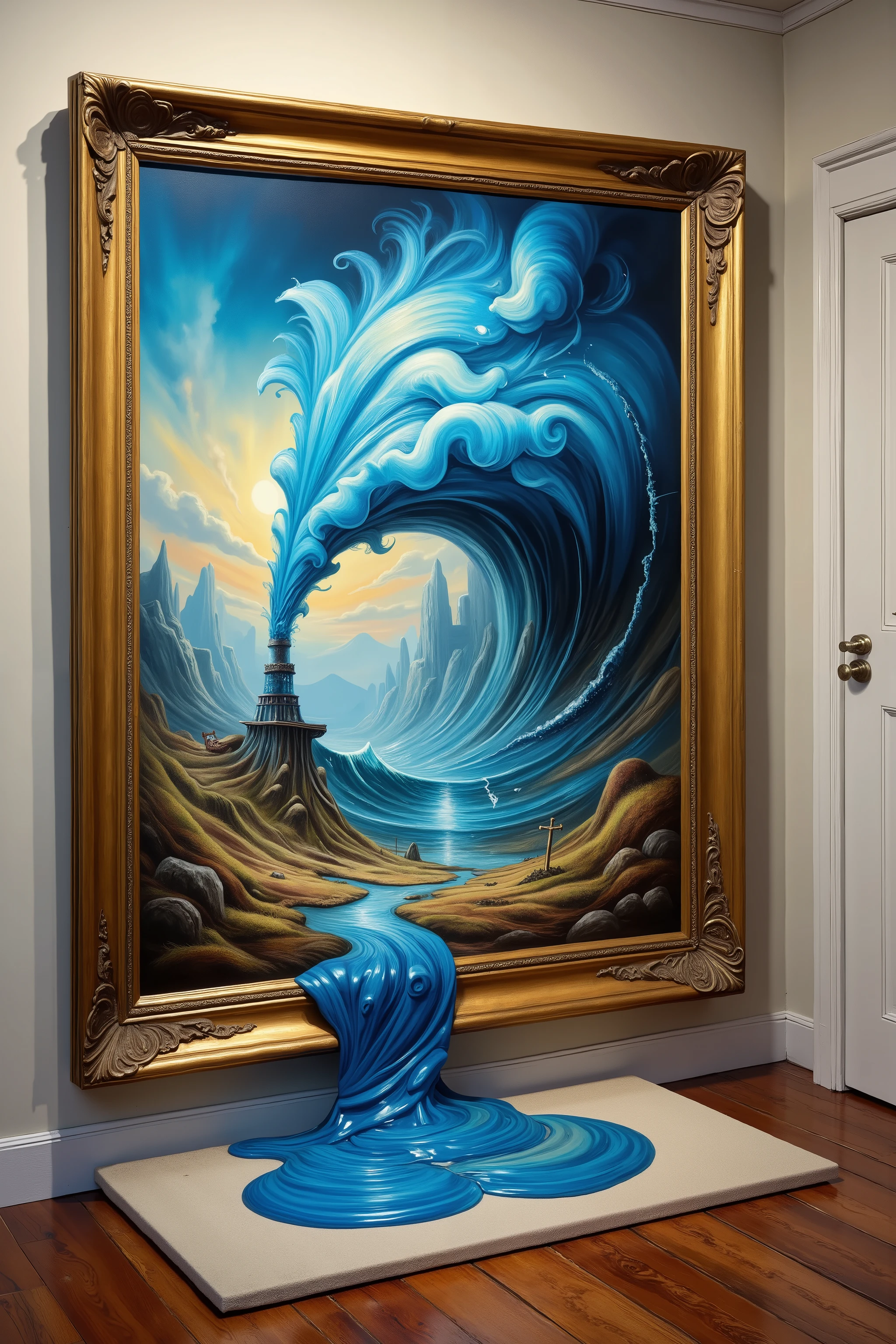An ultra-realistic, photo-realistic, ultra-detailed image of an oil painting pushing itself out from the wall while it squirts blue oil paint onto a canvas on the wall in front of it in a small room, contemporary 3D art, surrealistic painting, experimental art, fantasy artrealistic painting, magical realism painting, photorealistic 3D artwork, surreal art, 3D oil painting, oil painting painting an oil painting art, painting come to life, a masterpiece painting a masterpiece.