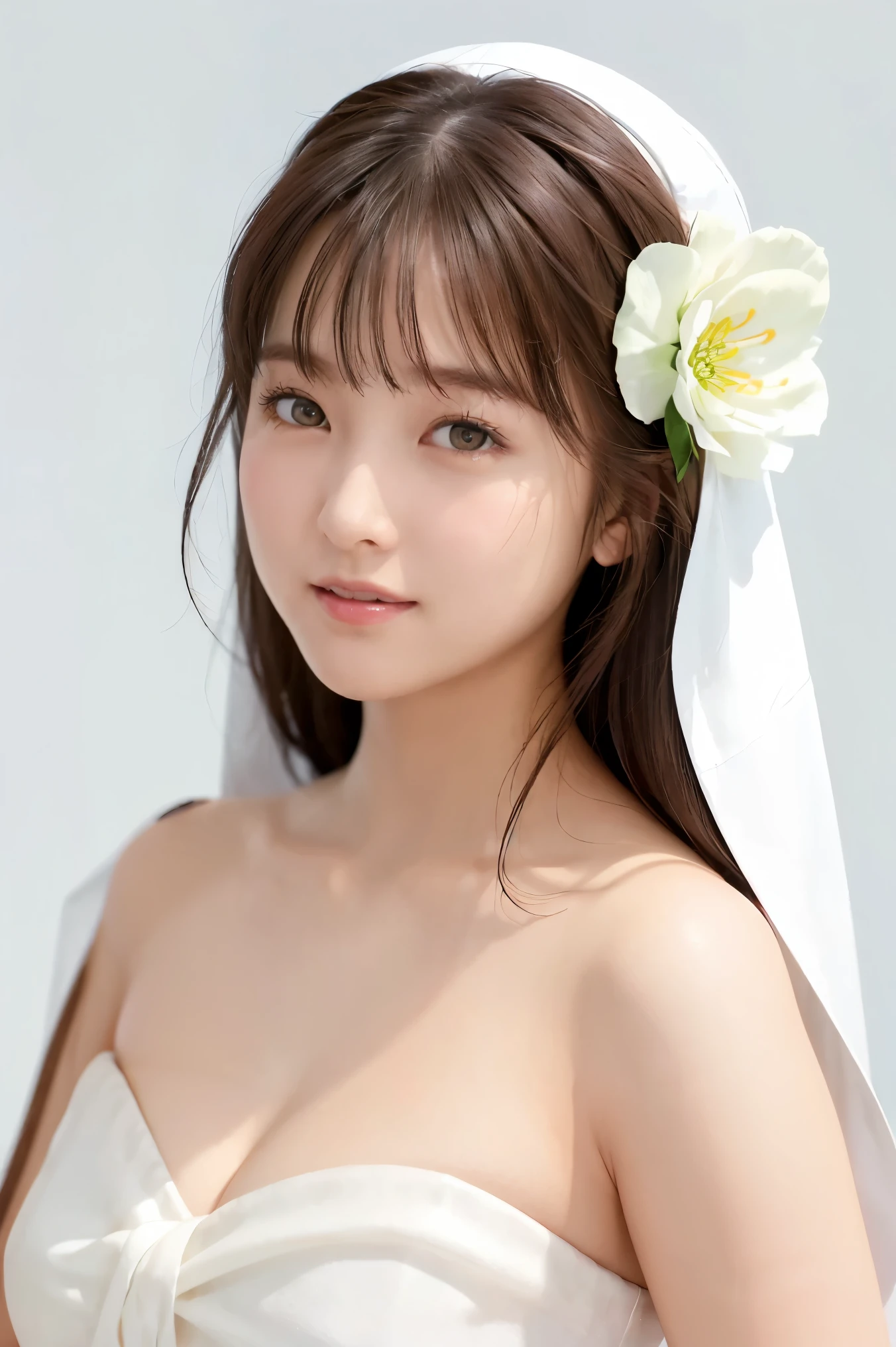 (Highest Quality, Highly accurate selection, masterpiece:1.2), Photo depicting facial expressions in detail 、 female face close-up 、take a picture close to my face、(wearing a hat with lots of flower decorations:1.6)、realistic:1.37,(perfect anatomy), the beautiful woman facing the front、 Thin face 、(Portrait)、A woman dressed in white is smiling、beautiful face、beautiful woman smiling at camera、(expression)、(viewers)、stares at viewerss、beautiful skin,small breasts naked、(very big eyes)、big eyes,the corners of her eyes are slightly droopy、(see through red veil:1.3)、beautiful skin 、Beautiful Lips、big eyes,short hair、 ,,(The background is a white room:1.2)、white wall、Lots of living flowers adorn her head、Flower Hat、Woman decorating flowers、Hat made of flowers