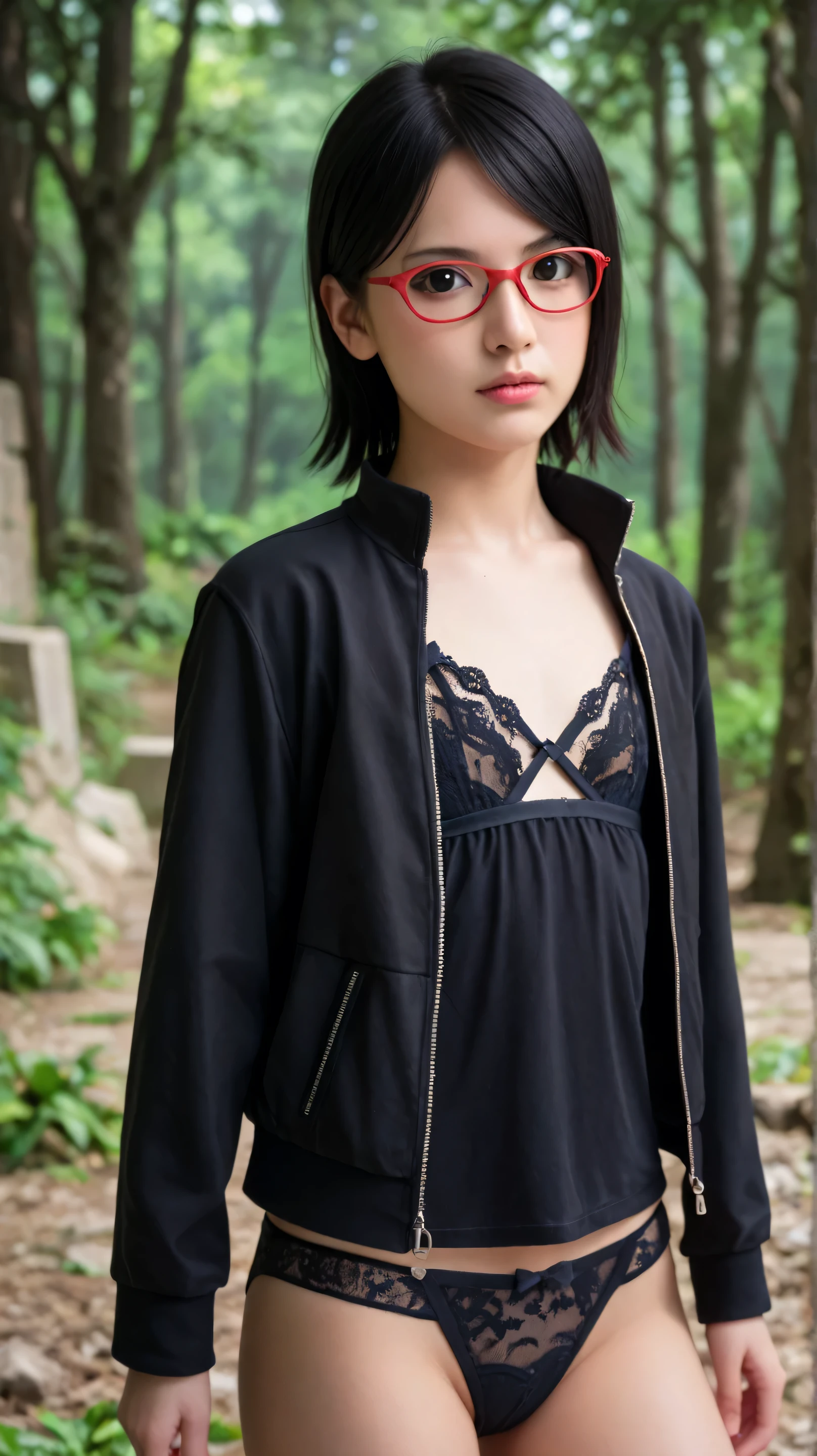 Masterpiece, best quality, 8k, ultra high resolution, photorealistic, cinematic composition,1girl, solo,sarada uchiha,black eyes,black hair,short hair,outdoors,potrait,ruins,flat chest,red framed glasses,forest,(black lingerie:1.5),(wear jacket:1.5),close up