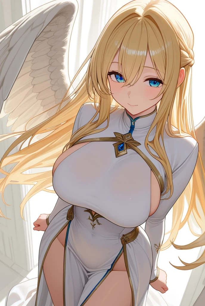 masterpiece, best quality, ((Best Quality)), ((Masterpiece)), (detailed), perfect faces, blonde hair, blue eyes, large breast, sexy, , , ,  in , , angel wings, white wings, sexy, bed, nurse , nurse , nurse 
