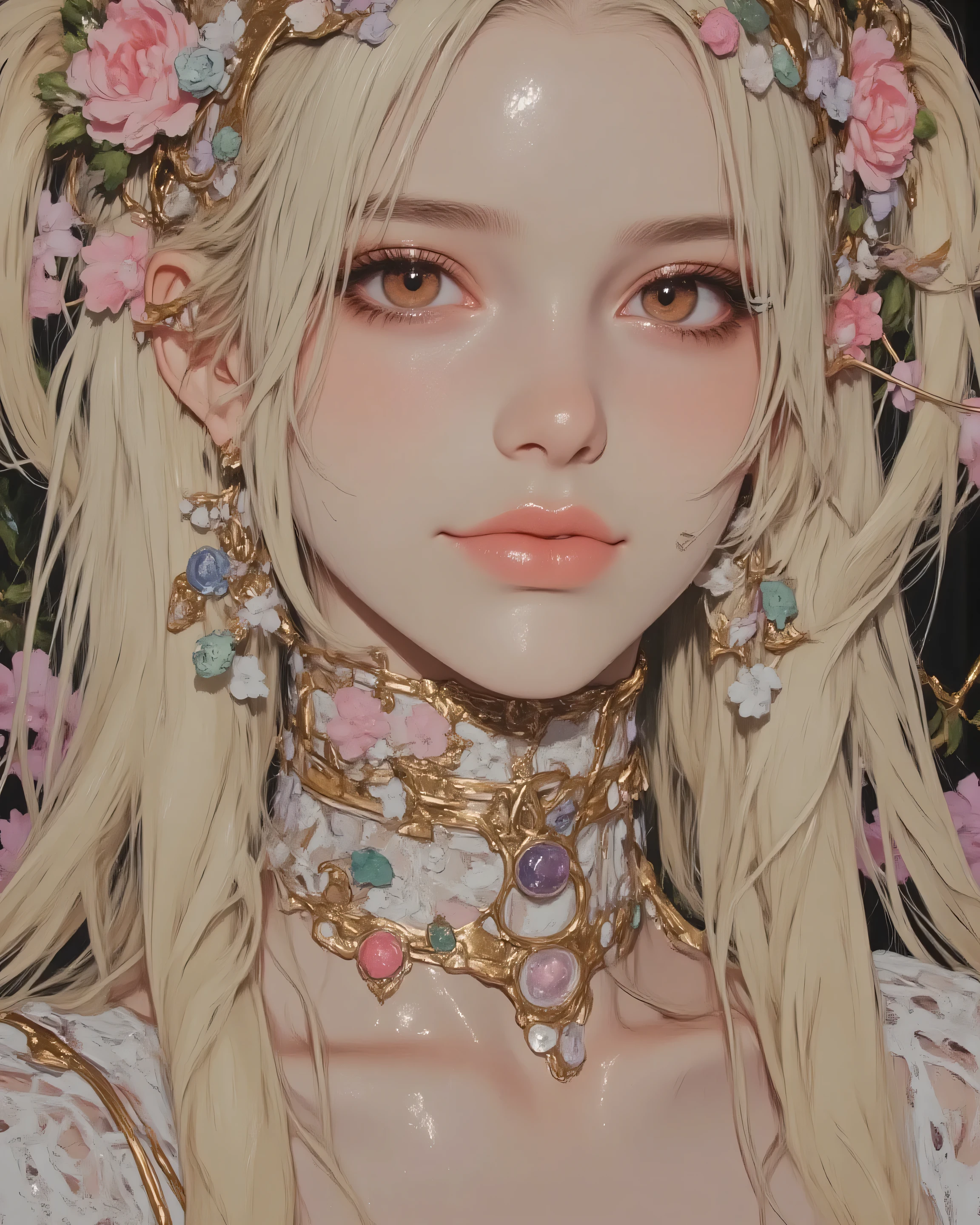 A portrait of LUNA as the ethereal Elven Queen, an 16year-old woman with flawless porcelain pale skin glowing with a soft pearly sheen like polished marble, anatomically perfect slim body, long flowing golden blonde hair with delicate pink highlights shimmering like sunlight on rose petals, adorned with intricate pastel-colored flowers and golden vines woven into her hair and around her neck, her delicate human ears framed softly by her flowing locks, her face blending the gentle softness of classic LUNA's tender beauty with an exuberant and seductive smile full of playful mischief, sparkling pinkish-red eyes wide with delight and a hint of sultry invitation, long lashes fluttering coyly, soft ethereal glow on her features, highly detailed intricate facial features, ultra-detailed skin texture with flawless white purity and luminous pearly highlights, intricate floral and vine patterns on hair and neck with dew-kissed petals in pastel pinks, lavenders, mint greens, and subtle golds, luxurious silk-like hair strands with fine highlights catching light, dynamic lighting with soft pastel bokeh background of blooming enchanted flower gardens at twilight with golden frames and floating petals, masterpiece, best quality, 8k resolution, hyper-detailed, cinematic composition, intricate details everywhere, volumetric god rays filtering through flowers, subtle fantasy aura, elegant royal attire with lace and gold embroidery