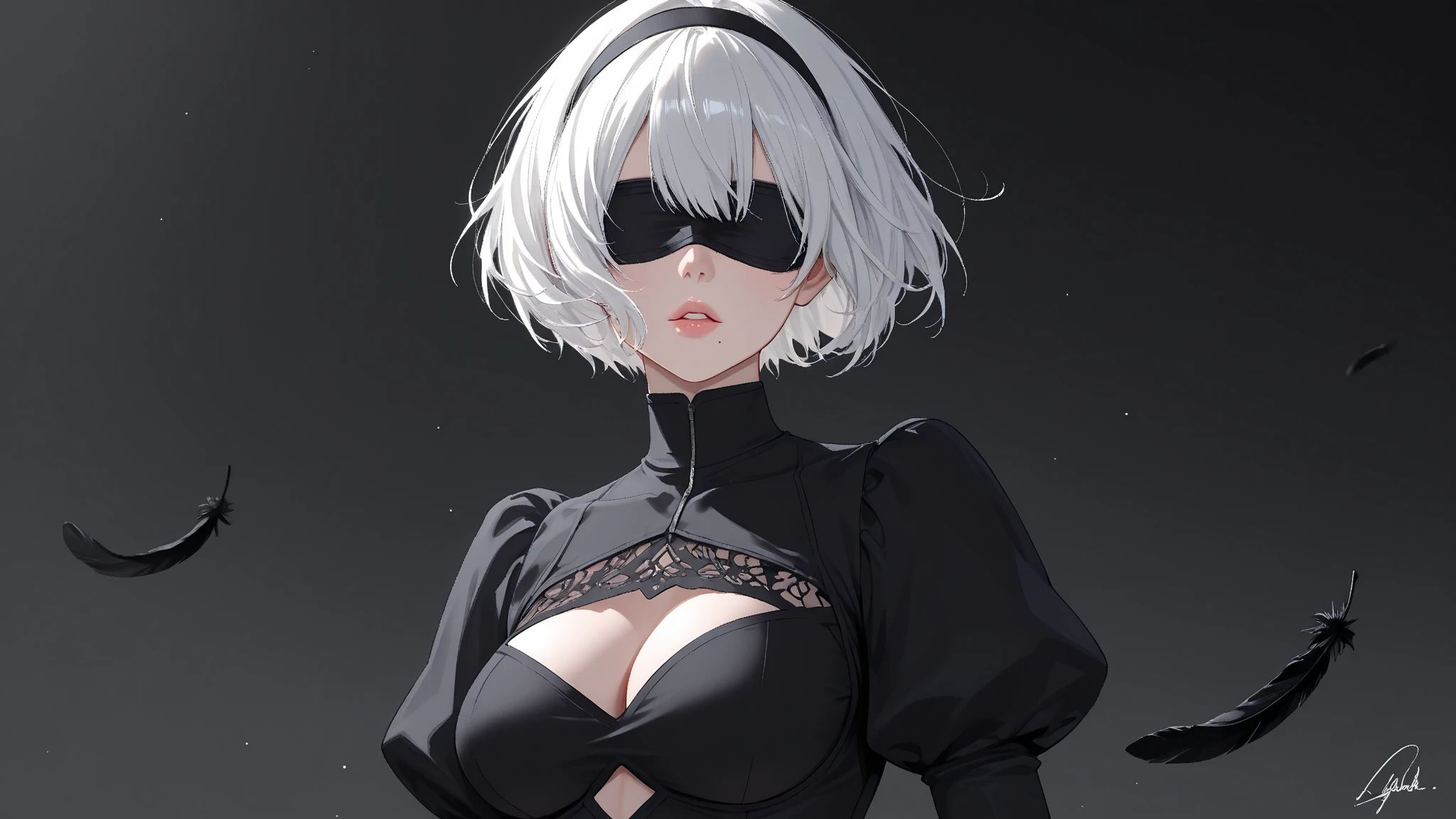 yorha no. 2 type b, 1girl, wlop, (blindfold), breasts, cleavage, cleavage cutout, clothing cutout, green background, hair between eyes, hairband, highres, juliet sleeves, long sleeves, School Days, kotonoha, makoto, sekai,  puffy sleeves, red lips, shaded face, short hair, solo, turtleneck, upper body, white hair, sky