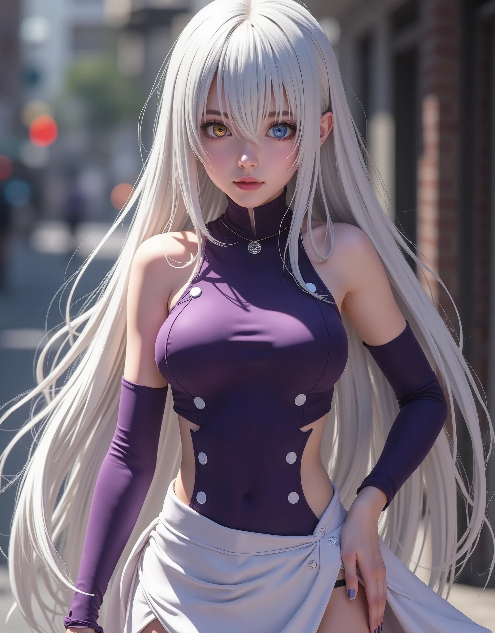 Elizabeth Liones (hyperrealistic) Nanatsu no taizai,white hair,ultra-detailed eyes with ((heterochromia)) yellow gold and blue,emphasized bust,her outfit is a tight sleeveless dark purple shirt with its back exposed with white buttons,wears aa corbata en forma de moño color rosa,perfect body,He wears his ((bare shoulders)),su mano izquierda wears aa (tight purple sleeve) dark,that contrasts with her (naked right hand),she wears an asymmetric white skirt,revealing their legs,which are accented with a single black thigh-high stocking on his right leg,that contrast sharply with his bare left leg,wears a (white shoe) on his right foot and one (color black) on his left foot,(RAW photo),(photorealistic),(Masterpiece),(high quality),(definition 8k ),(ultra detailed),estilo hyperrealistic,fantasy background,cinematic lighting