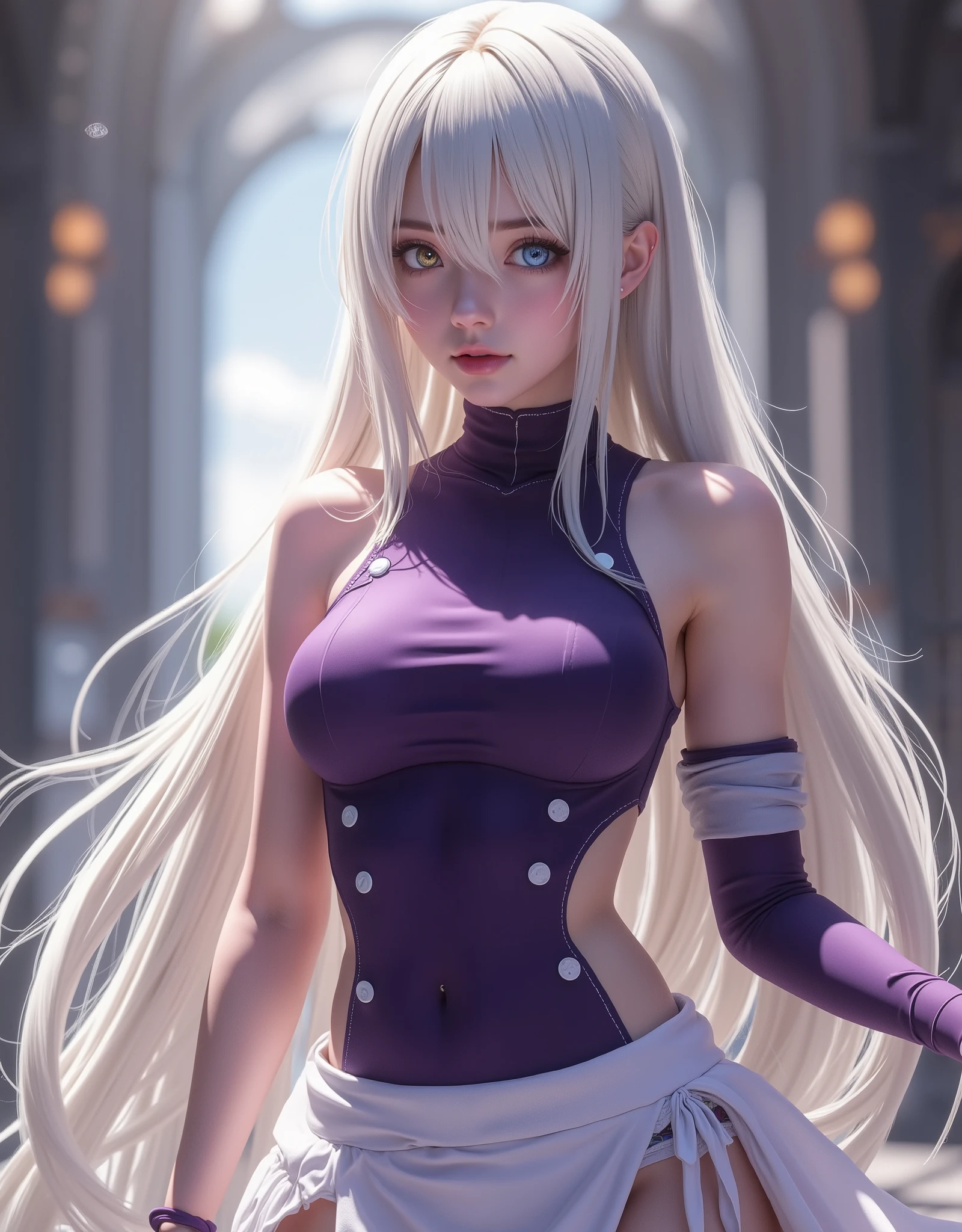 Elizabeth Liones (hyperrealistic) Nanatsu no taizai,white hair,ultra-detailed eyes with ((heterochromia)) yellow gold and blue,emphasized bust,her outfit is a tight sleeveless dark purple shirt with its back exposed with white buttons,wears aa corbata en forma de moño color rosa,perfect body,He wears his ((bare shoulders)),su mano izquierda wears aa (tight purple sleeve) dark,that contrasts with her (naked right hand),she wears an asymmetric white skirt,revealing their legs,which are accented with a single black thigh-high stocking on his right leg,that contrast sharply with his bare left leg,wears a (white shoe) on his right foot and one (color black) on his left foot,(RAW photo),(photorealistic),(hyperrealistic),(Masterpiece),(high quality),(definition 8k ),(ultra detailed),(resolución absoluta),(exquisite details),(hdr),estilo hyperrealistic,iridescent effects,background with heavenly atmosphere,cinematic lighting,dynamic contrast of light and shadow