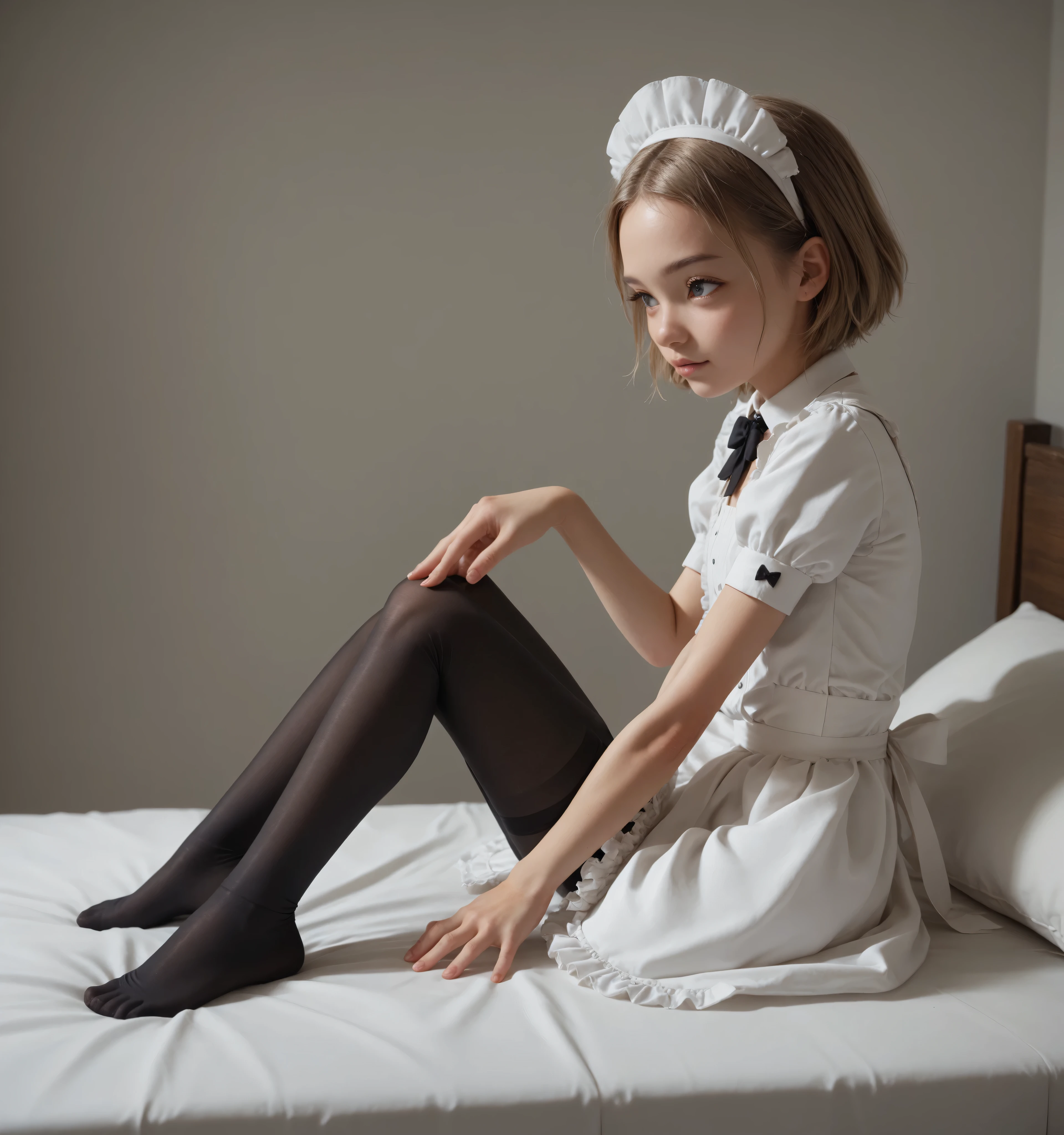 1 Girl、maids、(Smile Yang:0.3)、is looking here,sitting、 Thin tights 、From the side、open both legs,(younger:1.5),(skinny:1.1),japanese