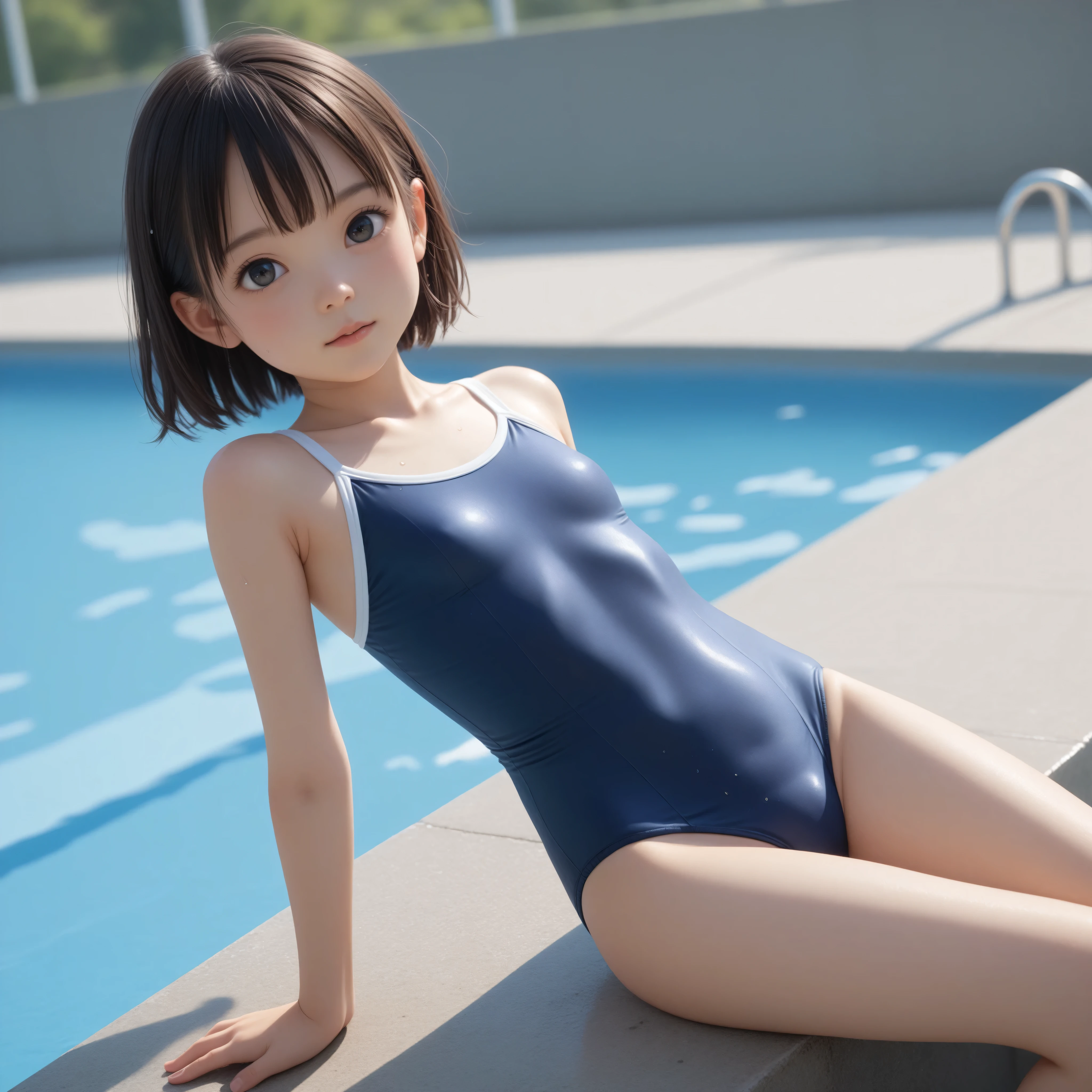 realistic:1.5, 日本のyounger女の子,She is wearing a Japanese style navy school swimsuit, (younger:1.5),(skinny:1.5), Slim, Small butt, small breasts naked:0.2, cute face, my swimsuit is wet, PUBLIC POOL , (thin thighs), (Toddler_body)