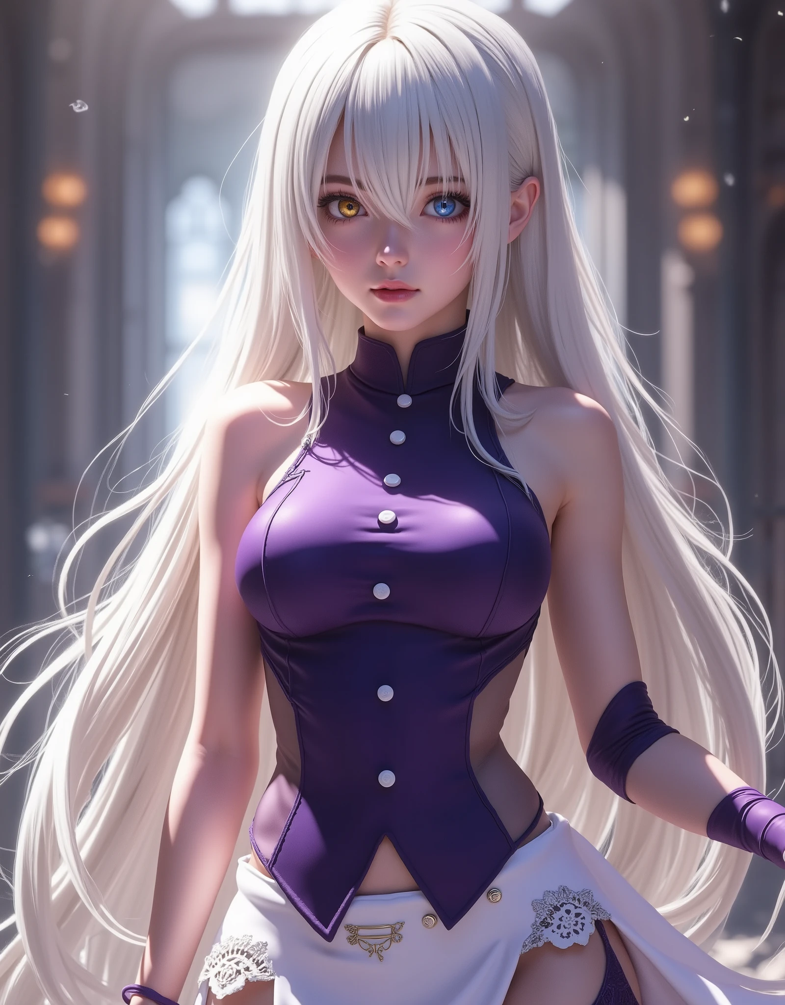 Elizabeth Liones (hyperrealistic) Nanatsu no taizai,white hair,ultra-detailed eyes with ((heterochromia)) yellow gold and blue,emphasized bust,His outfit is a tight sleeveless dark purple shirt with white buttons,wears aa corbata en forma de moño color rosa,perfect body,He wears his ((bare shoulders)),su mano izquierda wears aa (tight purple sleeve) dark,that contrasts with her (naked right hand),she wears an asymmetric white skirt,revealing their legs,which are accented with a single black thigh-high stocking on his right leg,that contrast sharply with his bare left leg,wears a (white high-heeled shoe) on his right foot and a (black high-heeled shoe) on his left foot,(RAW photo),(photorealistic),(hyperrealistic),(Masterpiece),(high quality),(definition 8k ),(ultra detailed),(resolución absoluta),(exquisite details),(hdr),estilo hyperrealistic,iridescent effects,background with heavenly atmosphere,cinematic lighting,dynamic contrast of light and shadow