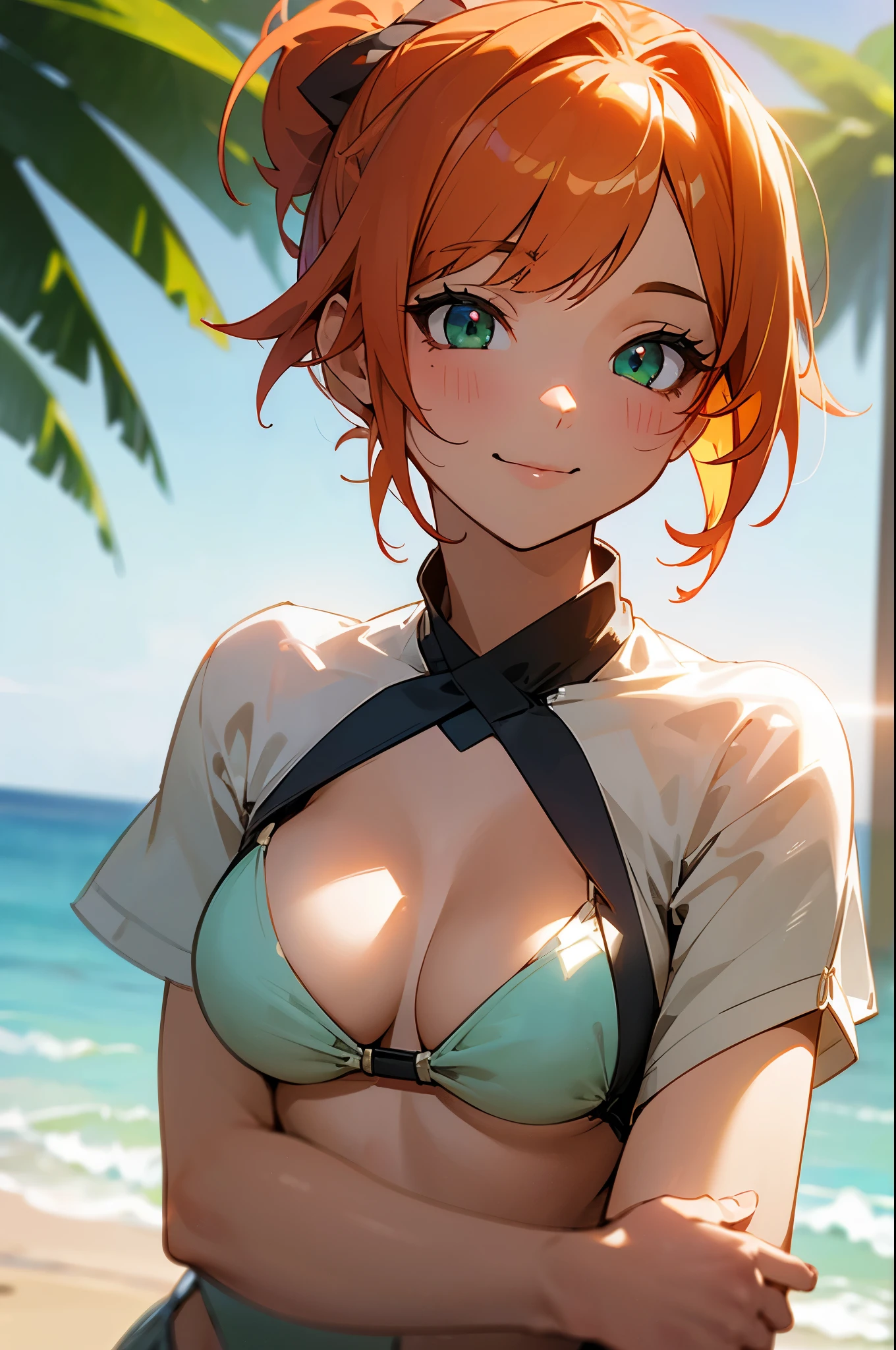 (masterpiece、Best Quality)、Exquisite details、8k、Sharp focus、(Bokeh) (Best Quality) (Skin refinement:1.3) (Exquisite details) (8k) (Detailed) (anime)、 dynamic angle that kept getting violated、 Upper Body Closeup 、Cross your arms、 Focus on the Face 、sea、Beach、morning、summer、cute、1 person、solo、bikini、shiny orange hair、beautiful green eyes、 ponytail、Transparent Hair、Translucent hair、 big breasts at the temple、smile、 lens flare