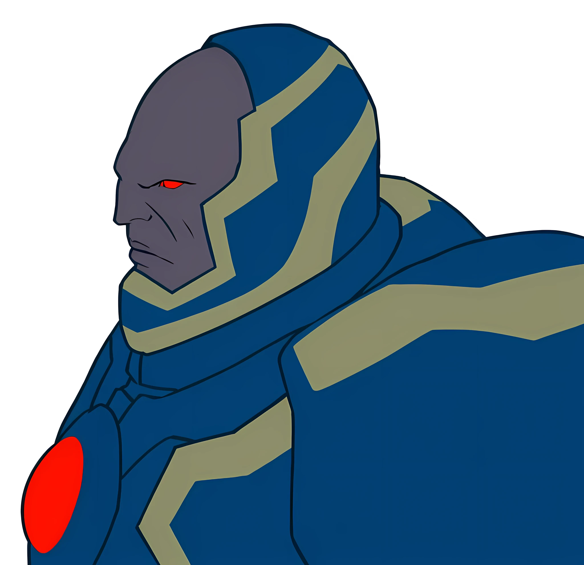 A rocky-skinned alien, olhos vermelhos, wearing a dark blue suit (DARKSEID FROM DC COMICS GHIBI VERSION)