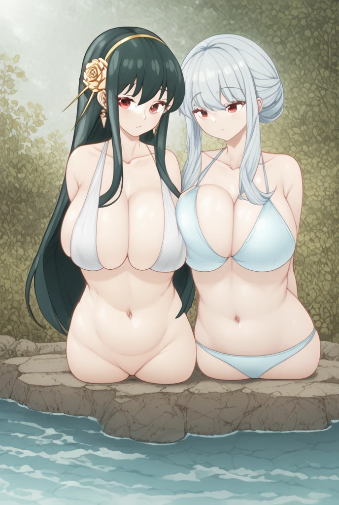 Melty Q Melromarc. ojos azules detallados, beautiful woman 27 years old light skin loose wavy blue hair, ojos azules brillantes pechos grandes, light blue bikini with jaguar design, accesorios, gotas de agua en su pecho,  fondo un lago cristalino. sonrisa feliz.