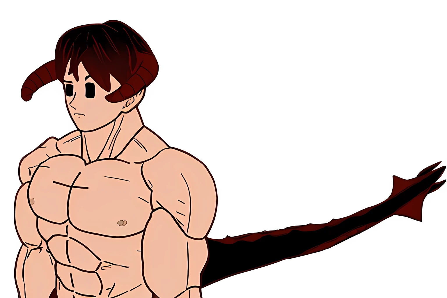 Um homem musculoso, of black hair with dark red details, chifres vermelhos, black tail with red details, dentes grandes