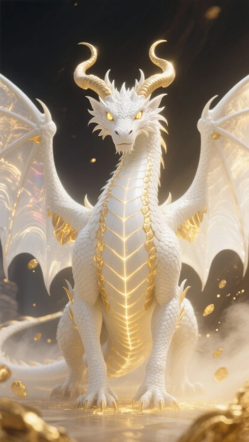 1White dragon add lightning in mouth add golden armor add large wings, dourado. boca fechada, dentes afiados, Two paws on the ground, adcionar asa esquerda, not looking like people's bodies.