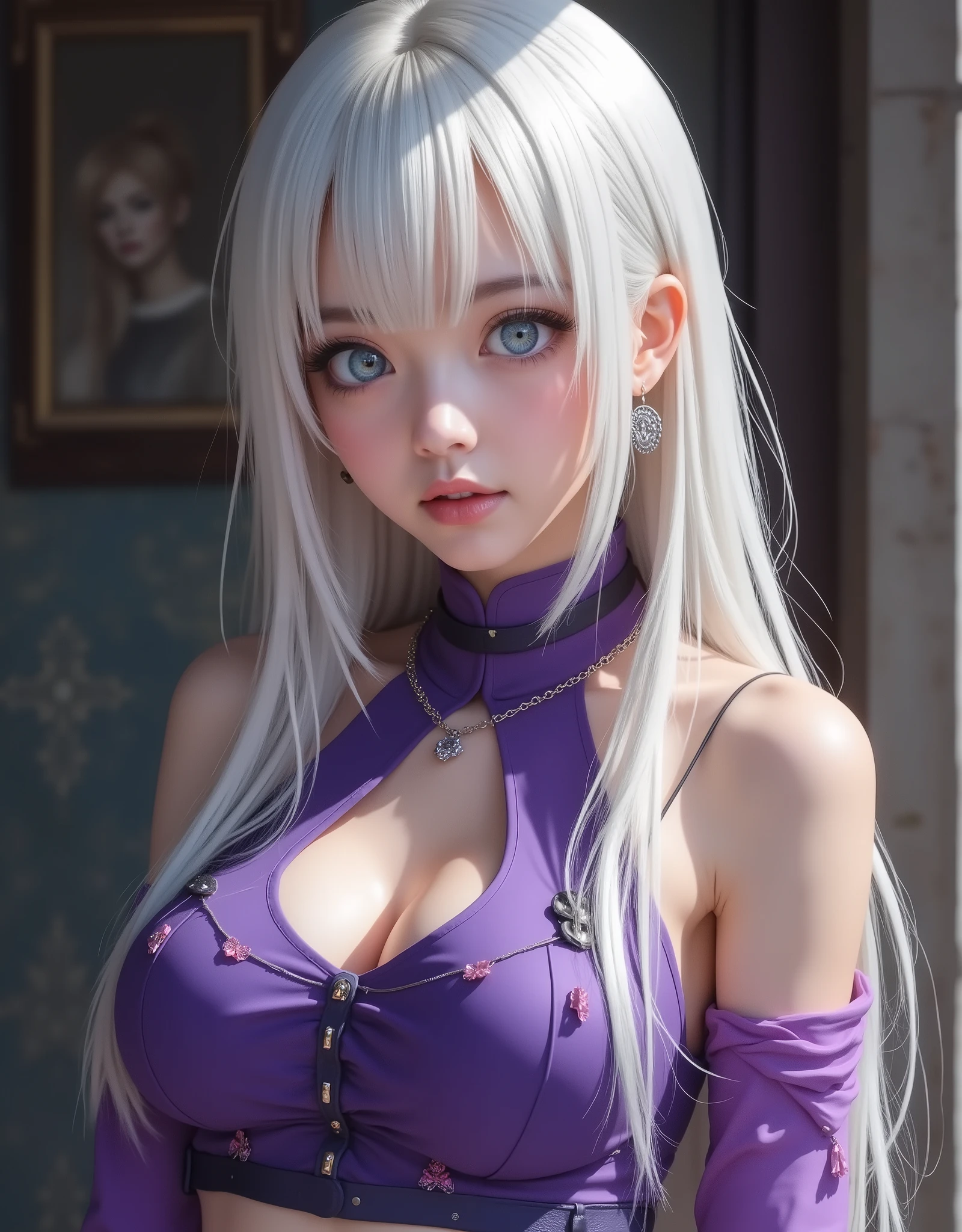 full-body portrait (hyperrealistic) by Elizabeth Liones Nanatsu no Taizai,white hair,ultra-detailed eyes with ((heterochromia)) yellow gold and blue,emphasized bust,su atuendo es una camisa sin mangas ajustada de color morado dark con botones en color blanco,wears aa corbata en forma de moño color rosa,(perfect anatomy),He wears his ((bare shoulders)),su mano izquierda wears aa (tight purple sleeve) dark,that contrasts with her (naked right hand),she wears an asymmetric white miniskirt,revealing their legs,which are accented with a single black thigh-high stocking on his right leg,that contrast sharply with his bare left leg,wears a (white shoe) on his right foot and one (color black) on his left foot,(RAW photo),(photorealistic),(Masterpiece),(high quality),(definition 8k ),(ultra detailed),estilo hyperrealistic,fantasy background,cinematic lighting