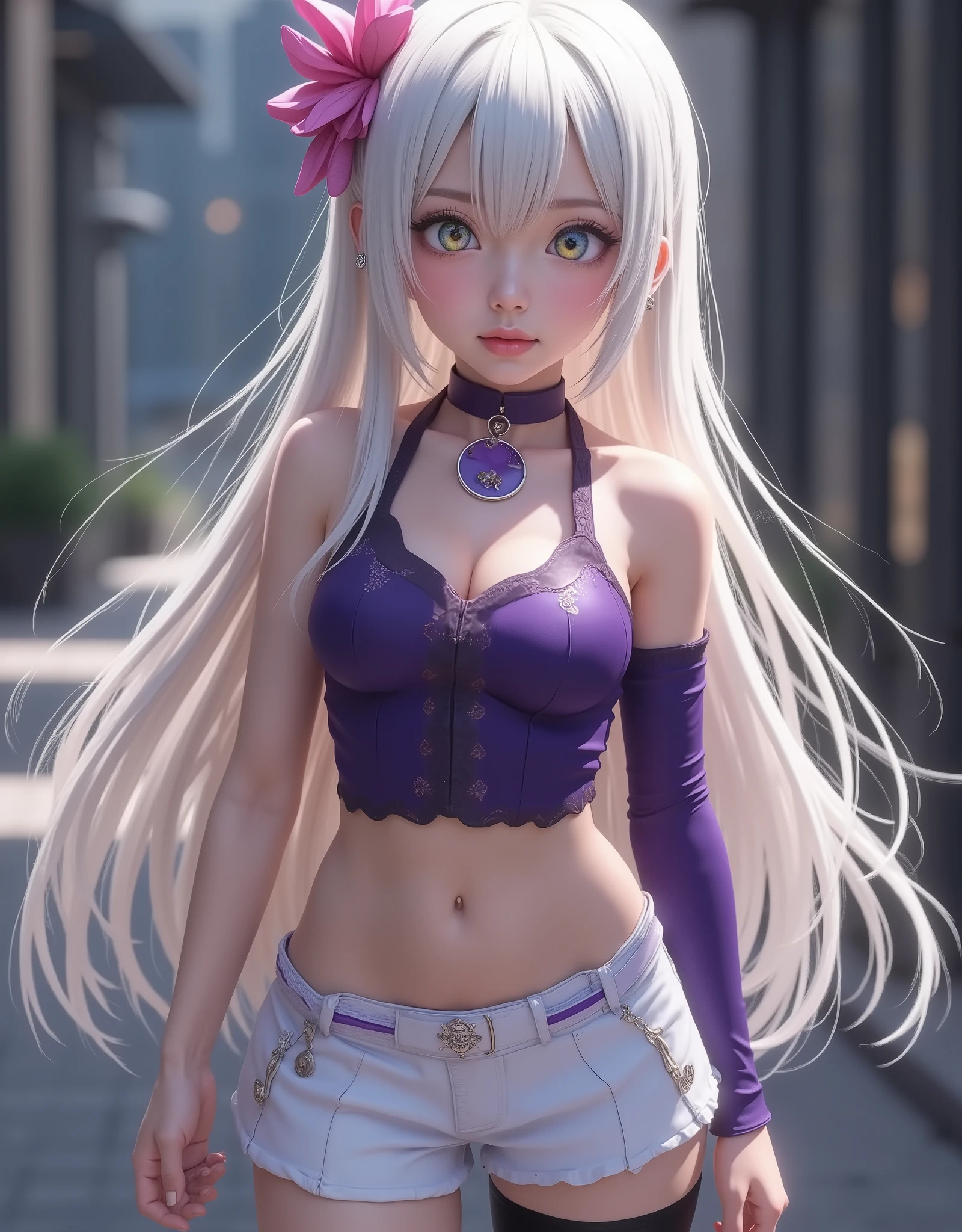 full-body portrait (hyperrealistic) by Elizabeth Liones Nanatsu no Taizai,white hair,ultra-detailed eyes with ((heterochromia)) yellow gold and blue,emphasized bust,su atuendo es una camisa sin mangas ajustada de color morado dark con botones en color blanco,wears aa corbata en forma de moño color rosa,(perfect anatomy),He wears his ((bare shoulders)),su mano izquierda wears aa (tight purple sleeve) dark,that contrasts with her (naked right hand),she wears an asymmetric white miniskirt,revealing their legs,which are accented with a single black thigh-high stocking on his right leg,that contrast sharply with his bare left leg,wears a (white shoe) on his right foot and one (color black) on his left foot,(RAW photo),(photorealistic),(hyperrealistic),(Masterpiece),(high quality),(definition 8k ),(ultra detailed),(resolución absoluta),(exquisite details),(hdr),estilo hyperrealistic,iridescent effects,background with heavenly atmosphere,cinematic lighting,dynamic contrast of light and shadow