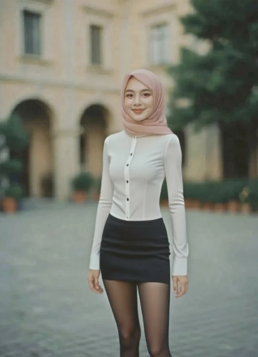 1 lady, 20 years old, best body,  wearing pink hijab, hijab covers whole hair, wearing beige sweater, off shoulder, white mini skirt, thighs, white stockings, standing in dark alley, night time, slim waist, casual wear, close shot, wearing big necklace, shiny skin, big  ( 1.6)