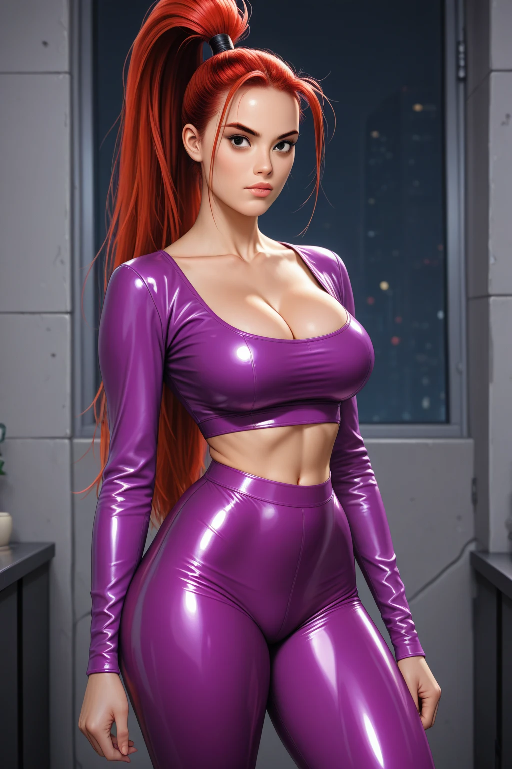 fantasy girl, ((Scarlett Johansson)), huge , kissing lips, latex outfit, shiny/glossy latex,   outfit, chameleon color latex, ponytail hairstyle, long hair, long bangs, , , perfect makeup, realistic face, detailed eyes, light green eyes, orange hair, eyelashes, :o, bedroom, (((lying on bed, booty up)), leaning forward, eyes at viewer, view from below, (slightly chibi),