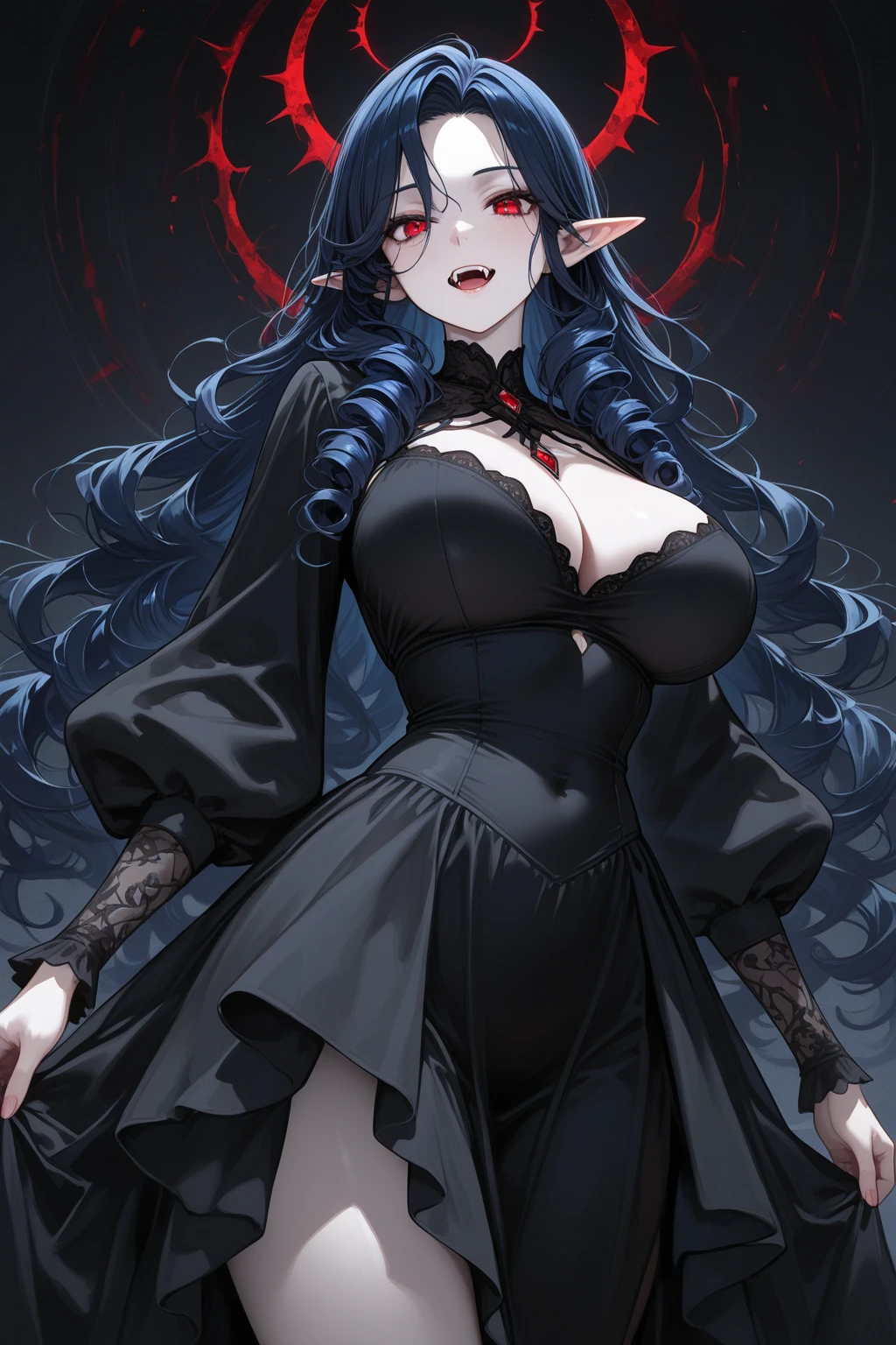 (Exquisite eyes),(Clear and beautiful eyes:1.61),masterpiece, 1 young girl,(Black clothes and some red gems), Black long hair, (She has a huge red gem on her chest), Good Hand,((The Havoc of StarCraft)),full-body shot,Fighting Stance,(Red Eyes:1.466)，short and small,(Very big breasts:1.35),(Pretty Face),(full-body shot:1.33),Beautiful hands