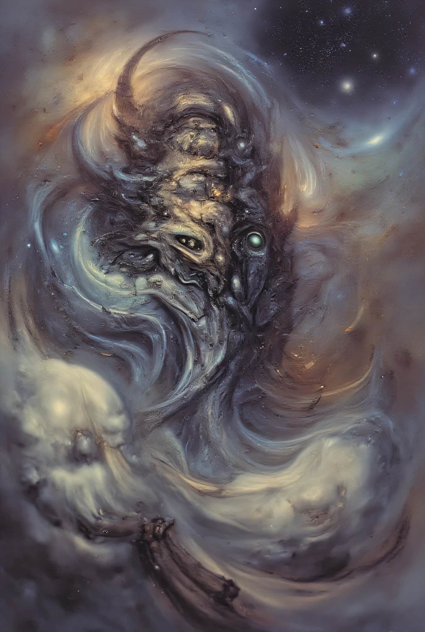 A cosmic entity emerging from nebula clouds, intricate fractal patterns covering its form, glowing energy tendrils swirling around, multiple luminescent eyes peering through cosmic dust, ethereal glow, deep space backdrop with distant galaxies, hyperdetailed, photorealistic