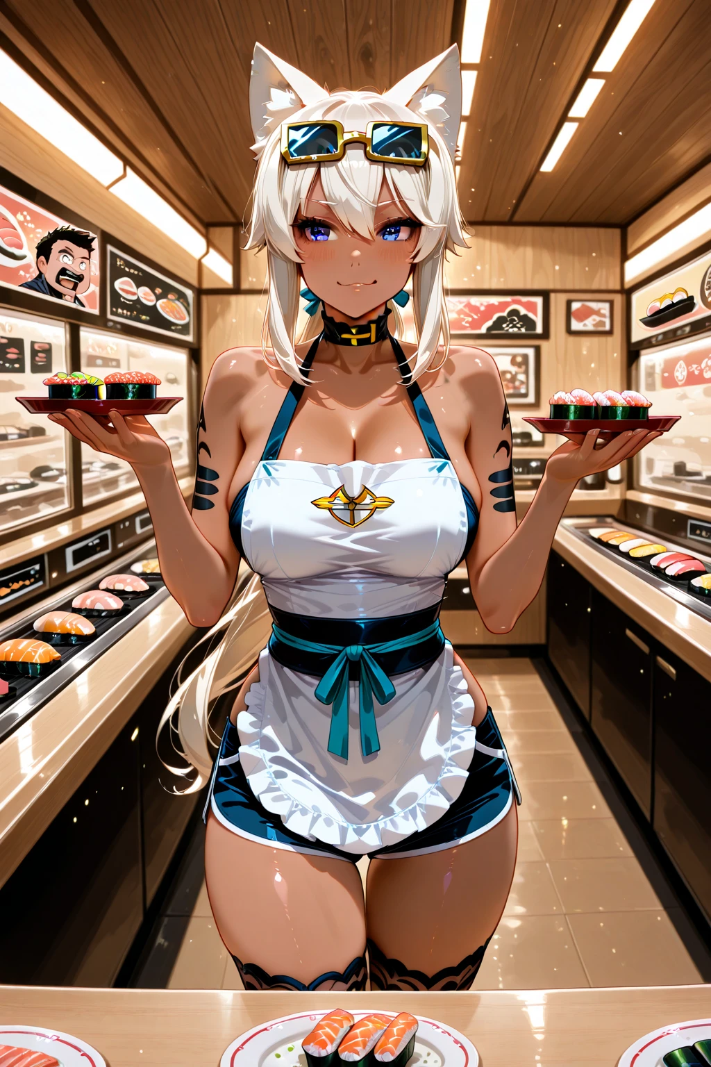 Realistic, masterpiece, Highest quality, (Beautiful Eyes), One high school girl, , Sweat, night, Outdoor, Vibrant restaurant, Micro  in, String-only micro , Grin, Wet Face, Wet body, ponytail, Earrings,  White apron,  Puff short sleeves,  Small tray,  Central opening, 