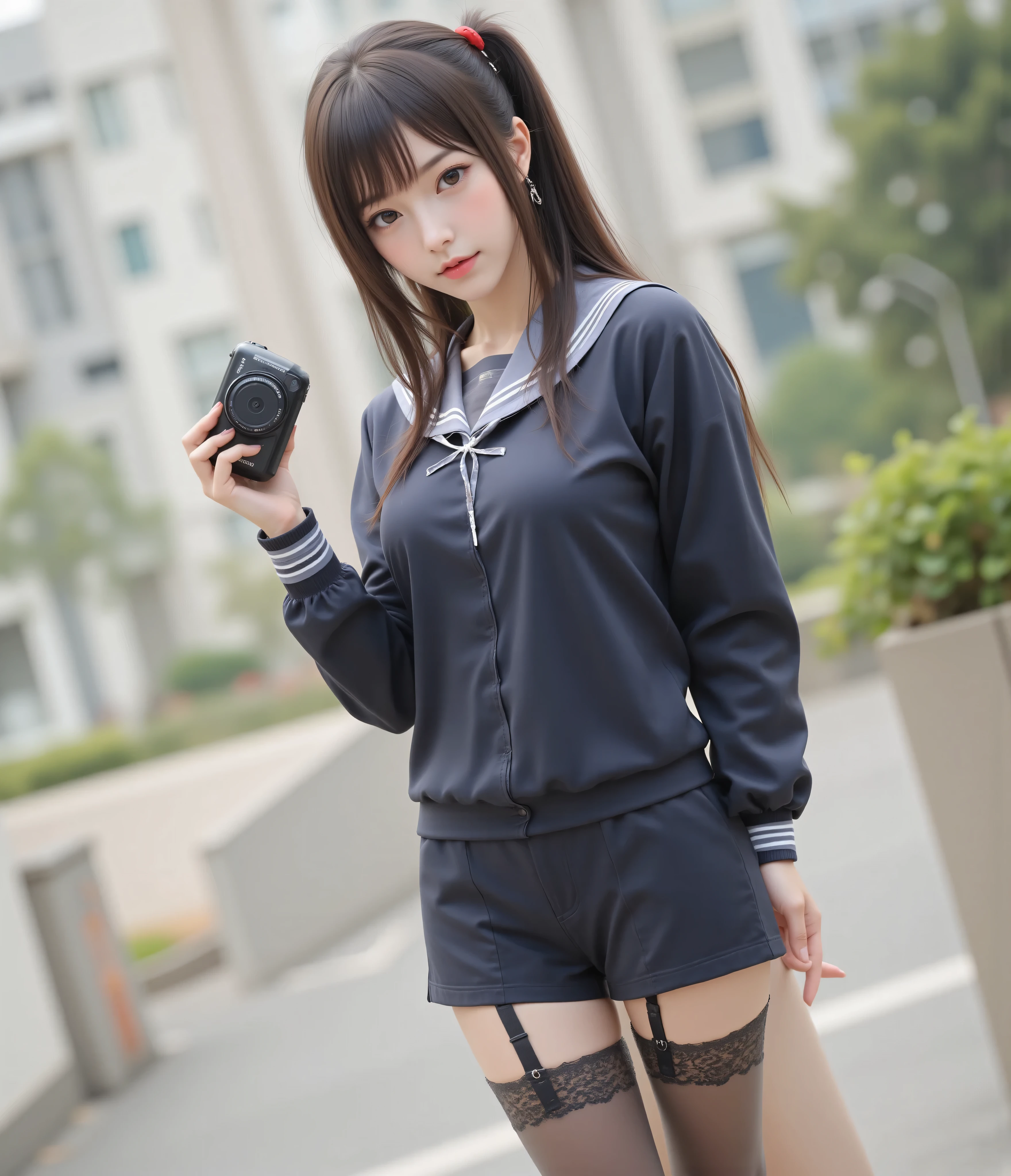 Rating_Safety,(skinny:1.5),Camera with the palm of my hand,shiny skin,ponytail,petite , beautiful, dark-haired Japanese woman,flat chest. sailor suit,Height 150cm,black lace stockings outside the mansion