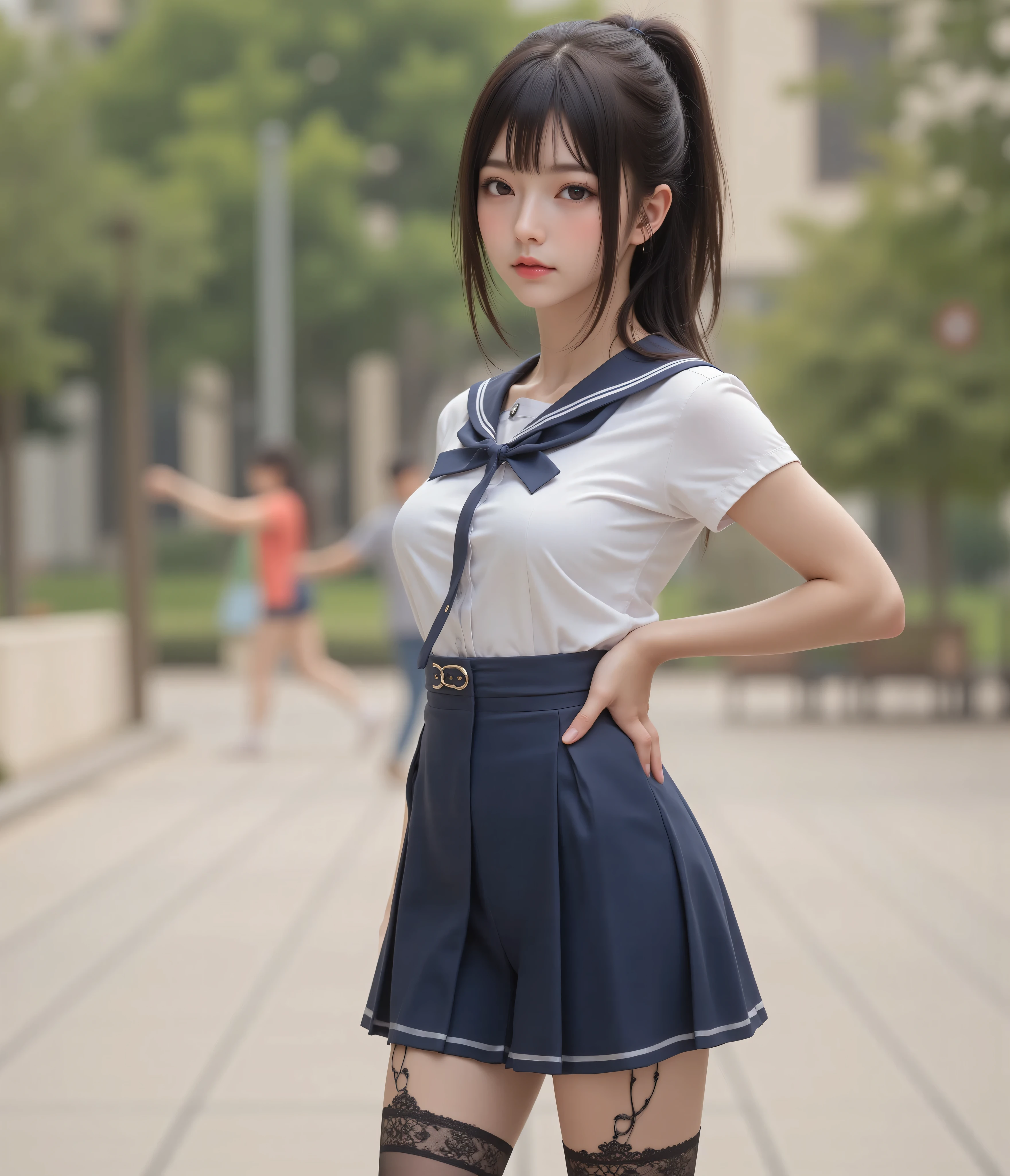 Rating_Safety,(skinny:1.5),Camera with the palm of my hand,shiny skin,ponytail,petite , beautiful, dark-haired Japanese woman,flat chest. sailor suit,Height 150cm,black lace stockings outside the mansion