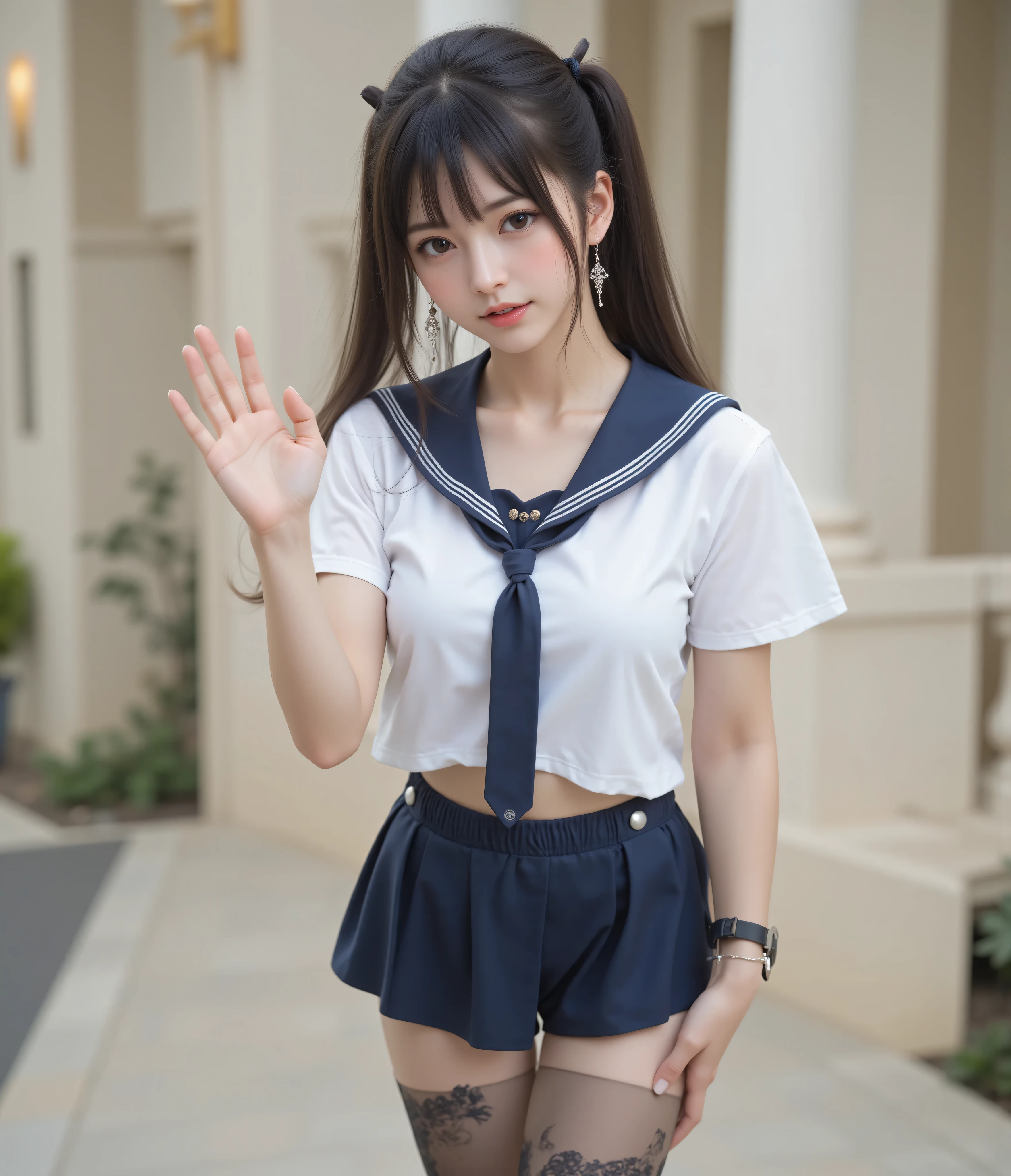 Rating_Safety,(skinny:1.5),Camera with the palm of my hand,shiny skin,ponytail,petite , beautiful, dark-haired Japanese woman,flat chest. sailor suit,Height 150cm,black lace stockings outside the mansion
