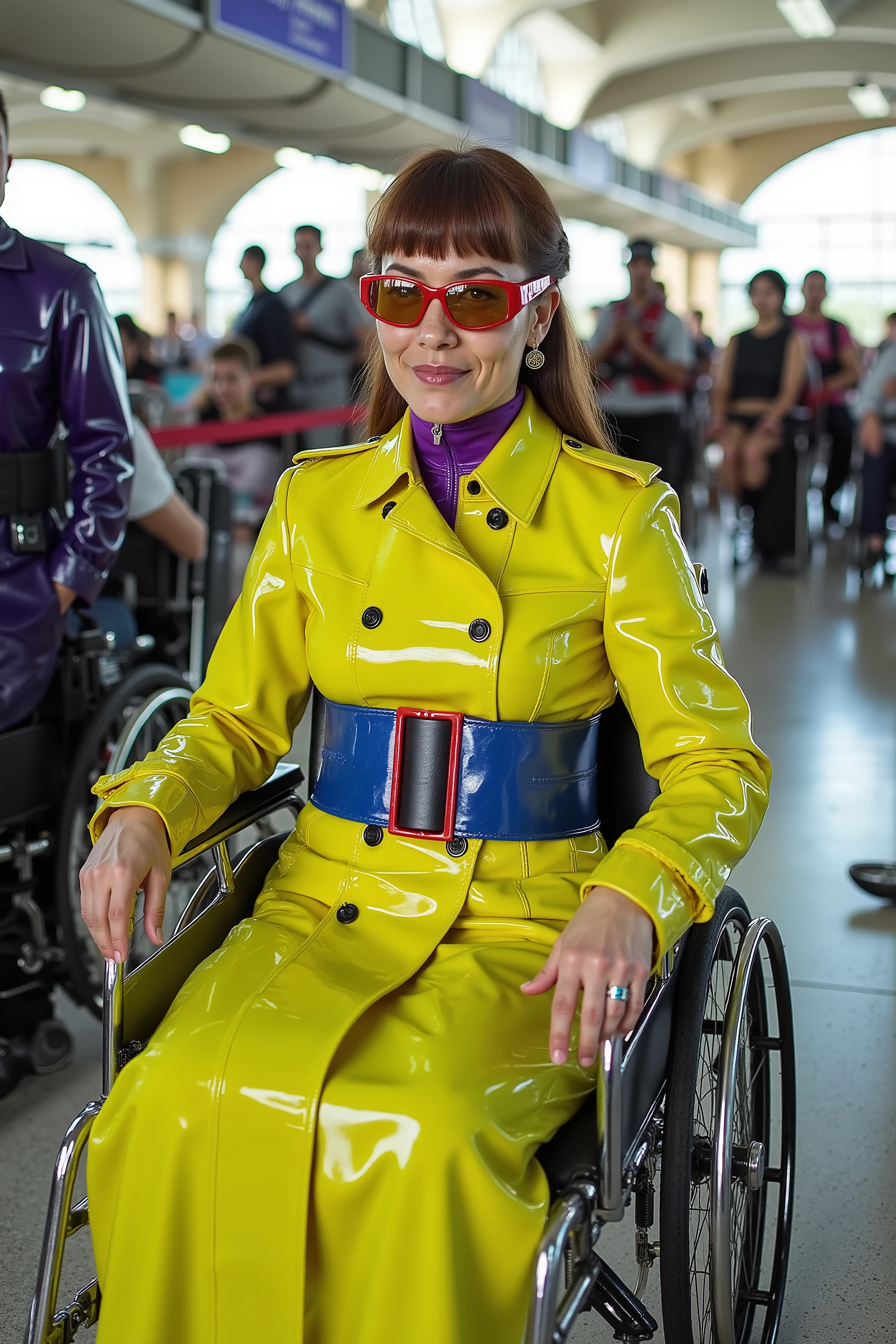 a wide angle portrait taken at sunrise in a futuristic cities train station lobby near the ticketing desks, men and women wearing formal leather vests and pants work at the station, a woman in a wheelchair wearing a bright neon yellow and purple striped trenchcoat pvcbtntcoat25 with a red belt, the woman wears a narrow and tight padded blue vinyl hip belt that compresses her hips tightly, the woman wears a wide heavy padded yellow neoprene wheelchair harness on her chest over the coat, the woman wears futuristic shining golden lens sunglasses with red rims