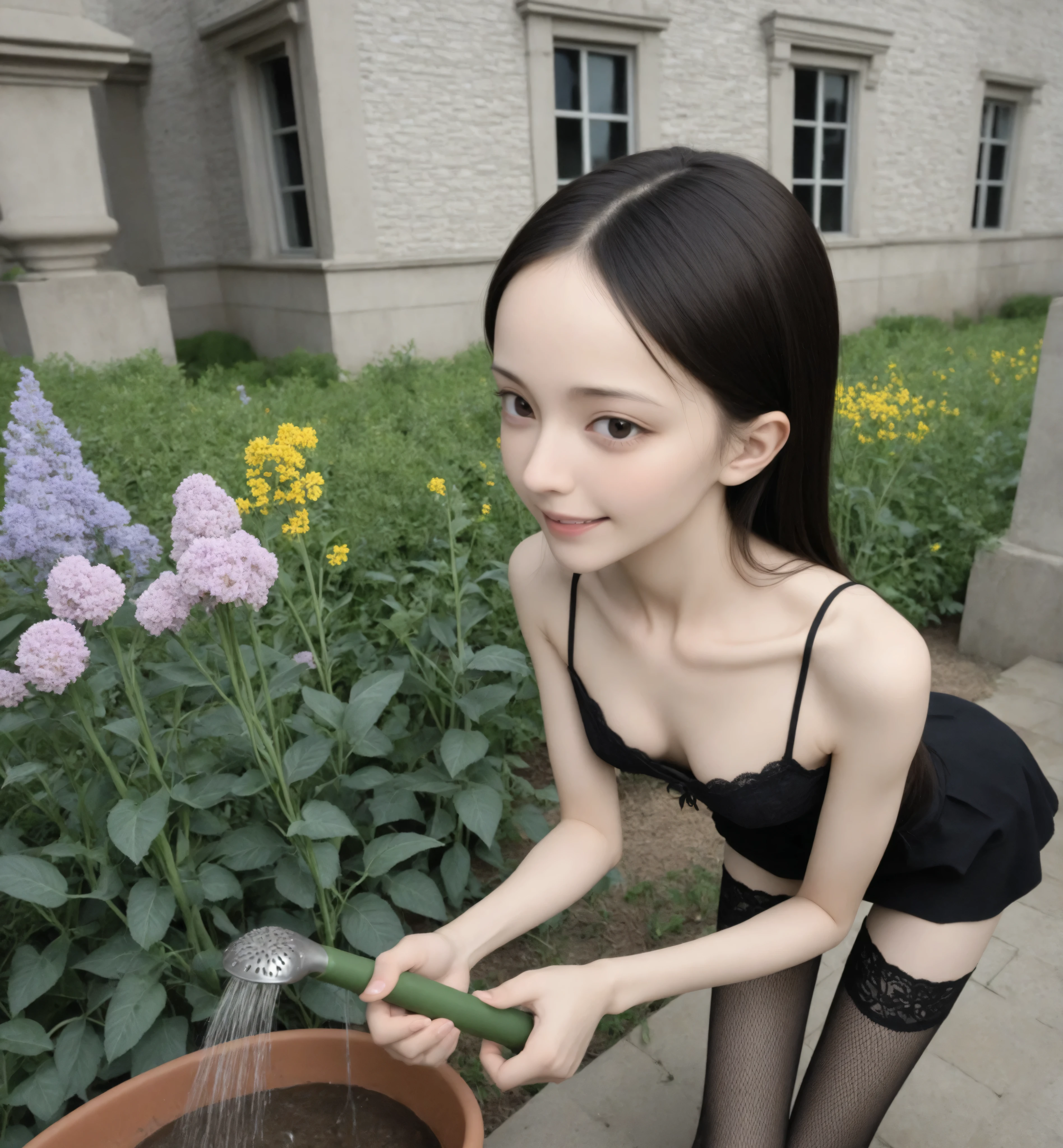 1 Girl、maids,watch viewers,(skinny:1.41),(younger:1.34),from above,lean forward,(big boobs:0.72),is watering flowers outside the mansion,japanese,(Smile Yang:0.84),black lace stockings outside the mansion