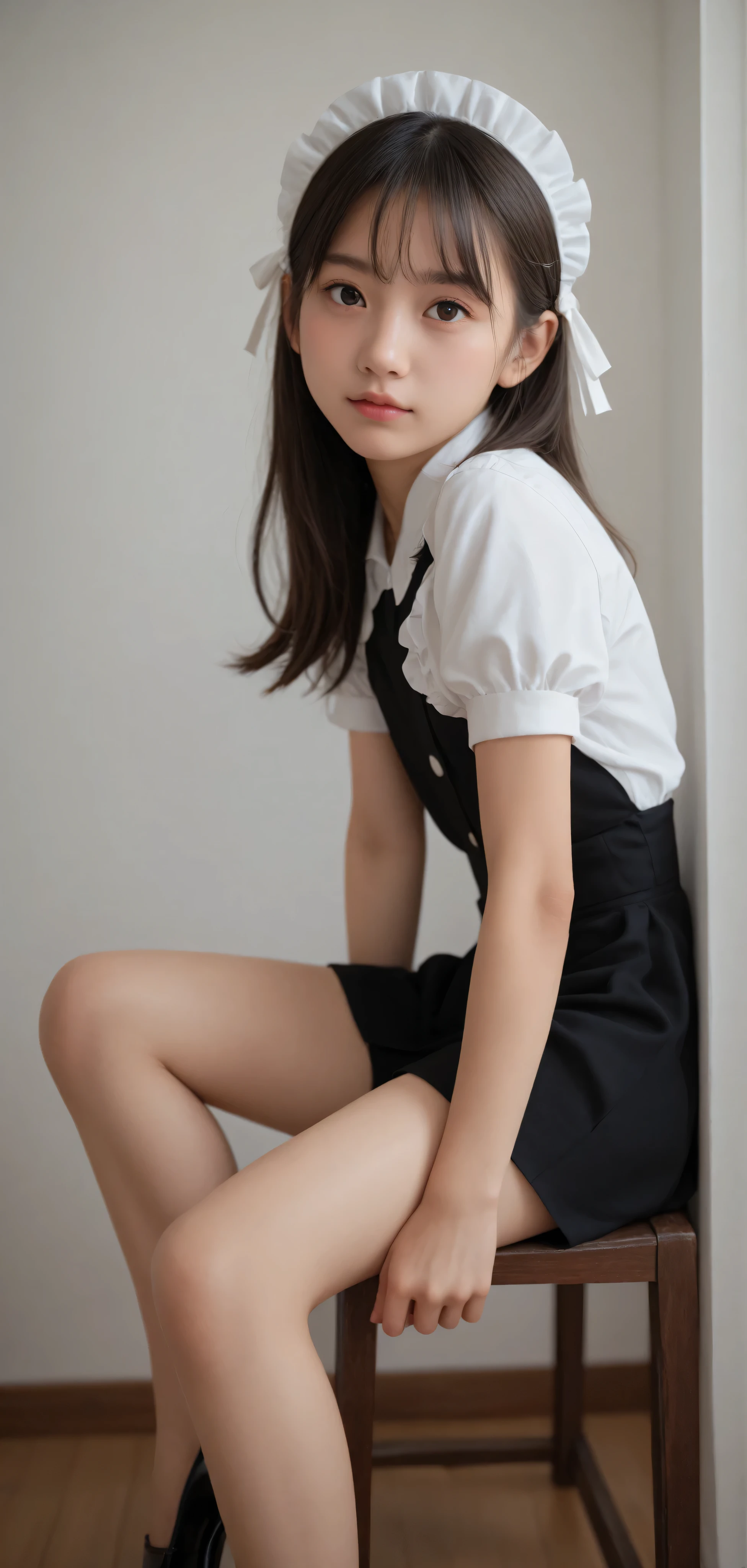 1 Girl、maids、(Smile Yang:0.3)、is looking here,sitting、 Thin tights 、From the side、open both legs,(younger:1.5),(skinny:1.1),japanese