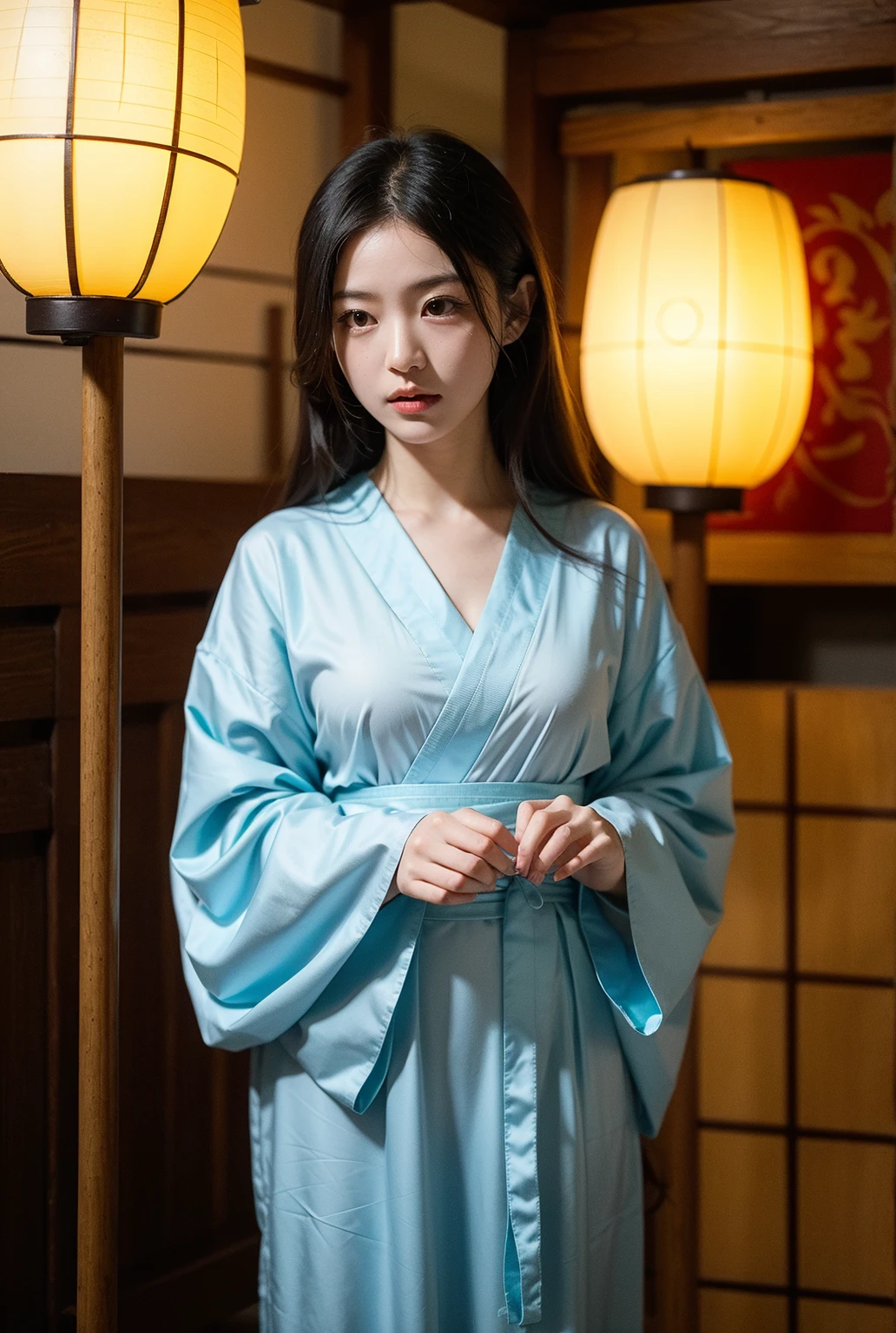 (masterpiece, best quality:1.2),1girl,Hanfu,front，Standing，（whole body：1.5），Dynamic poses，Bright eyes，Bright Eyes，Put your hands on your chest，