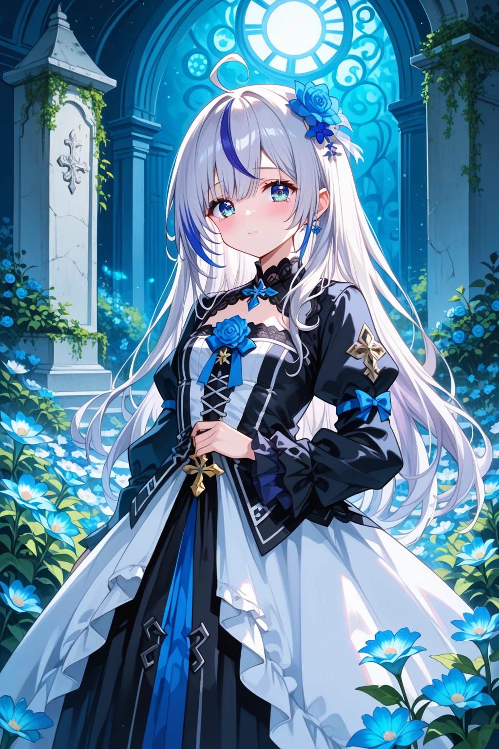 Anime girl with long white hair blowing in the wind, face full of flowers, rococo art style, interplay of light and color, light navy blue and light beige, Fang Lijun, Ephraim Moses Lillian, Daniel F. gerhartz, vibrant illustrations --ar 3:4 --s 400 --chaos 10