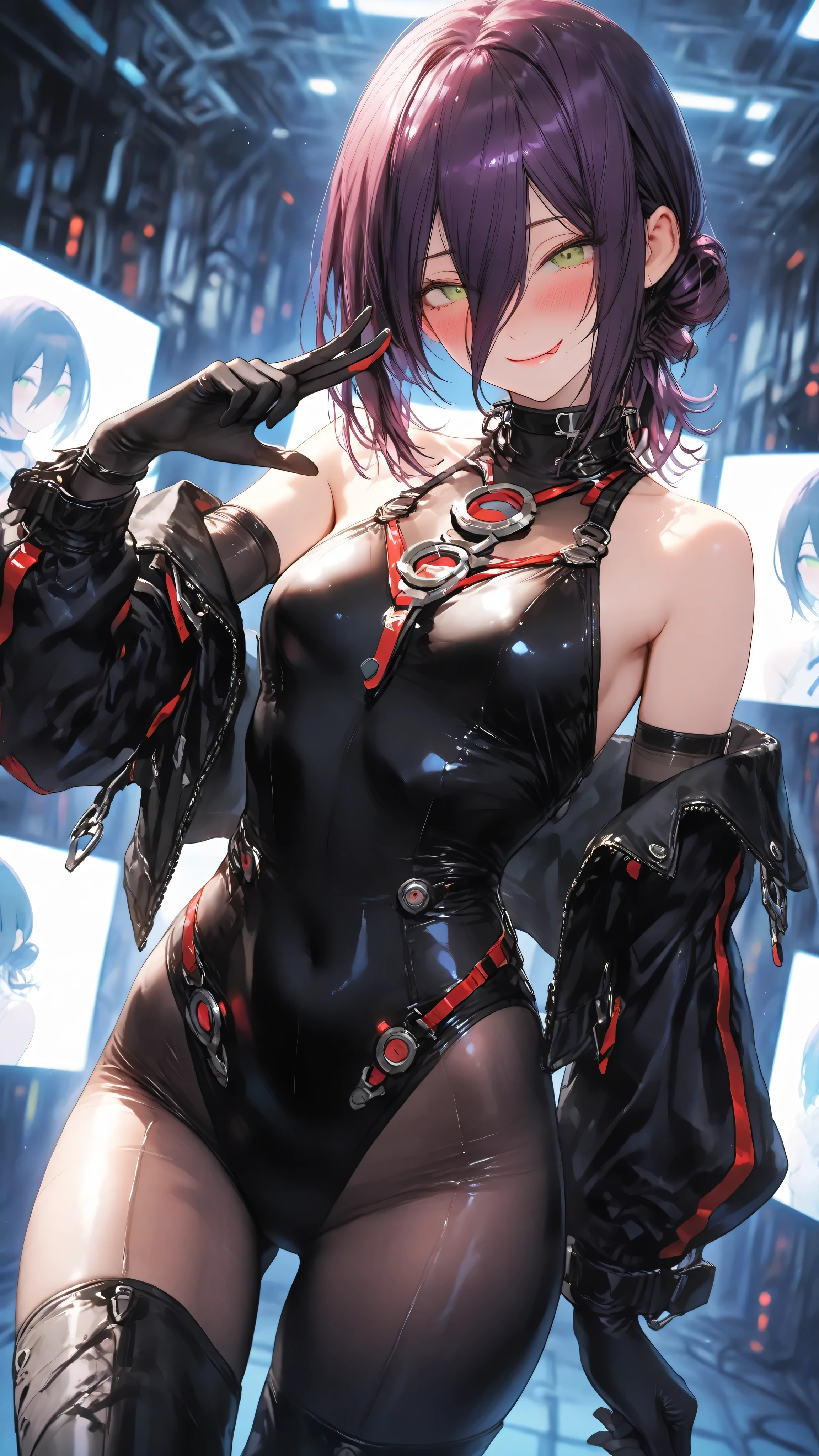 ultra high definition,1girl,reze,green eyes,naughty face,closed mouth,Smile,Blush,fascinated expression,Blush,is embarrassing,looking at me,Exposing shoulders,futuristic see-through bodysuit,Off Shoulder Jacket,Elbow-length long gloves with a tight waist,black knee-high socks,random pose,Neon Cyber Room,A fantastic atmosphere that makes you feel like you are on the border between reality and fantasy,mysterious sight,dynamic angle,Cinematic Lighting,Brilliant Light,light particle