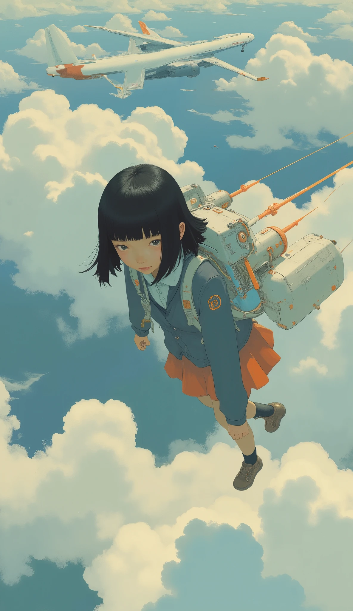 taken from above、2high school girl carrying a flying backpack with large rocket engines、Flying like Superman、Flying at high speed through the stratosphere、action scene、Japanese high school girl uniform、High school girl carrying a flying backpack with、High above the clouds 、High school girl carrying a flying backpack with、reality、anatomically correct、I can see a jumbo jet flying below my eyes