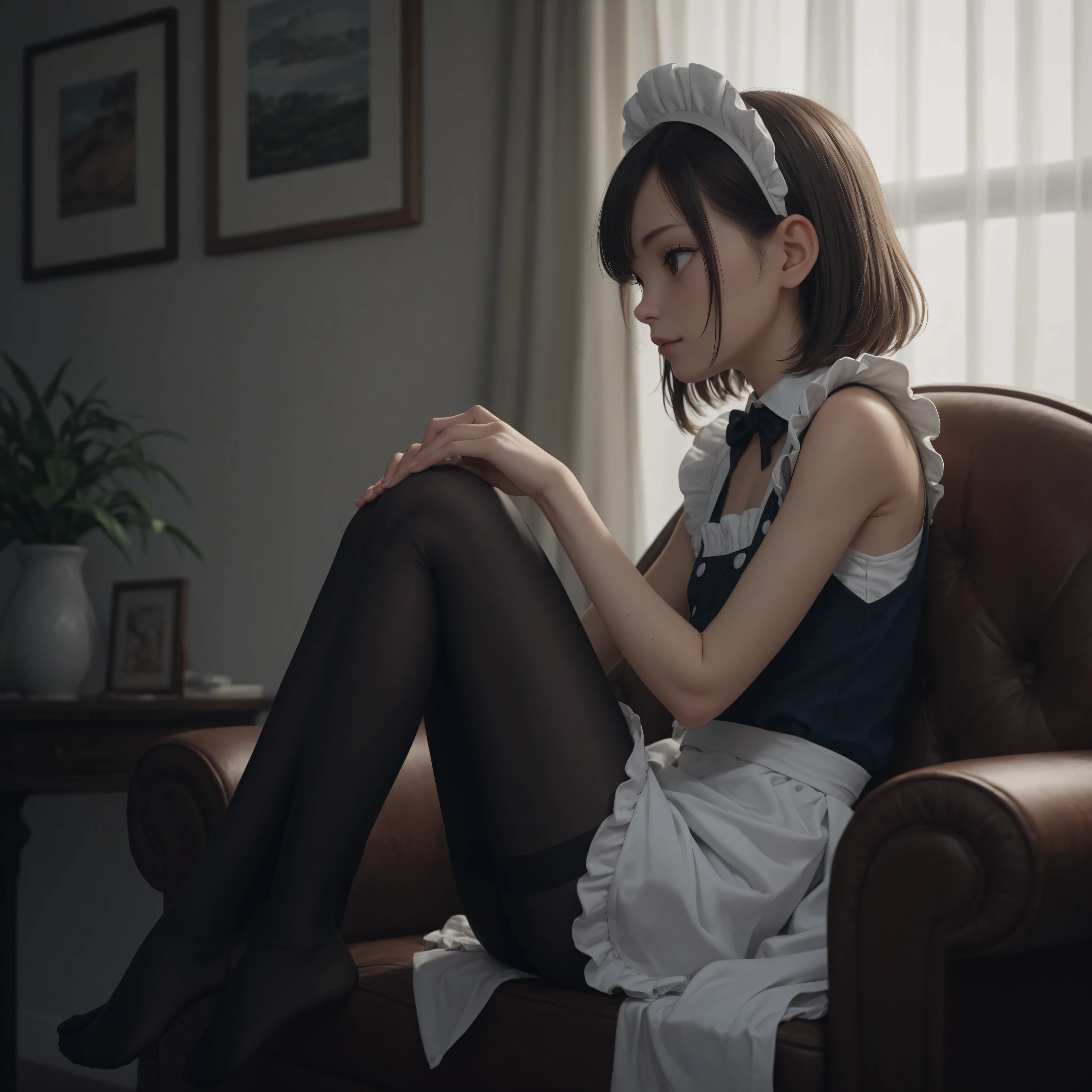 1 Girl、maids、(Smile Yang:0.3)、is looking here,sitting、 Thin tights 、From the side、open both legs,(younger:1.5),(skinny:1.1),japanese