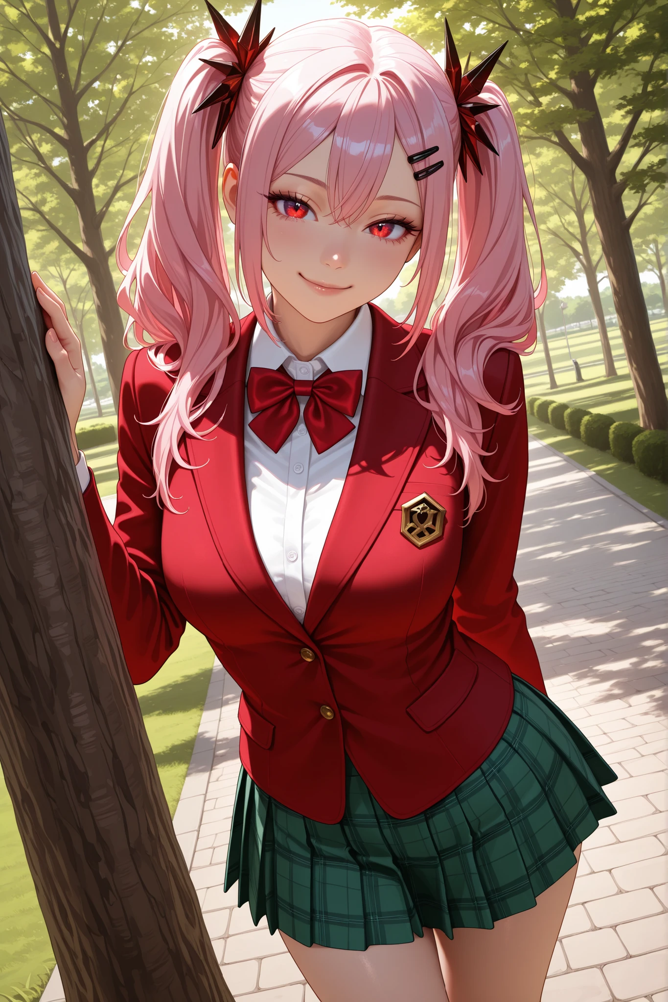 1 girl, inori yuzuriha, hair ornament, hairclip, long hair, pink hair, red eyes, twintails, pretty eyes, detailed eyes, gradient eyes, crystal eyes, long eyelashes, beautiful eyes, beautiful face, perfectly symmetrical face, delicate and harmonious features, face with golden ratio, beautiful hair, realistic skin with natural texture, medium breasts, good anatomy, correct hand anatomy, seductive look, red blazer, red bow, bowtie, green miniskirt, pleated skirt, plaid skirt, standing, looking at the viewer, naughty smile, outdoors, in the park, near a tree, dynamic position, dutch angle, Hyper-realistic rendering, ultra-sharp details, photorealistic masterpiece, HDR, 8k