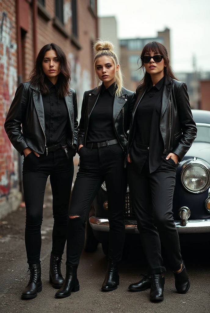 2 girls with leather jacket Michael Kors bag kneeling 