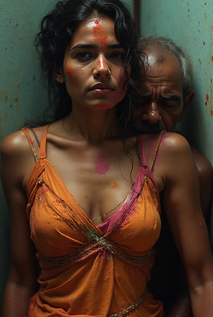Detailed Realistic photo,indian woman is inside a bathroom,she is wearing a saree on any colour blouse,sweat droplets are visible on her body,cleavage is visible and navel is visible,an old man is leaning his head on her chest and sleeping and he is cuddling her,close up,holi colours are applied on her 