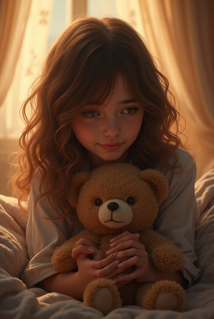 Uma imagem aconchegante de uma menina de 18 anos, with a lovely appearance, vestindo um pijama de estampa de flocos de neve. She's sitting in front of a fireplace, hugging a teddy bear with a knitting scarf. The environment is decorated with Christmas decorations and soft lights, conveying a sense of warmth and comfort.