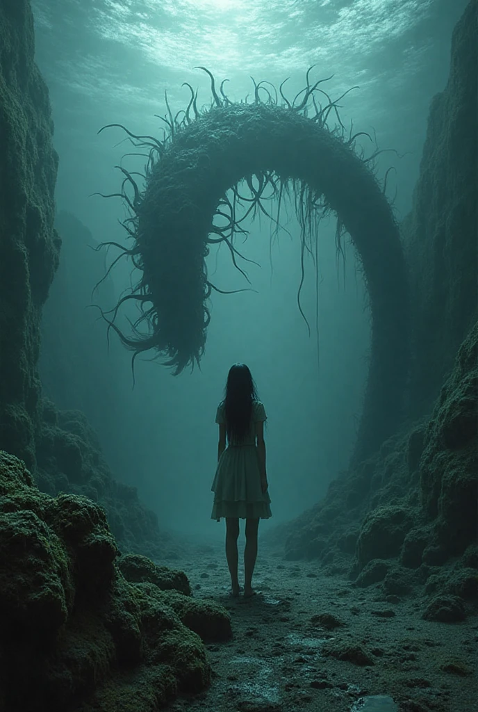 (extremadamente detallado, obra maestra, La mejor calidad), Estilo oscuro, intense illumination, rostro con arrugas, mujer crucificada, tentacle, monstruoso, interior de una piscina de agua verdosa, imagen submarina, alien con Colmillos finos. manchas de tinta. Rococo composition. Luz de caravaggio