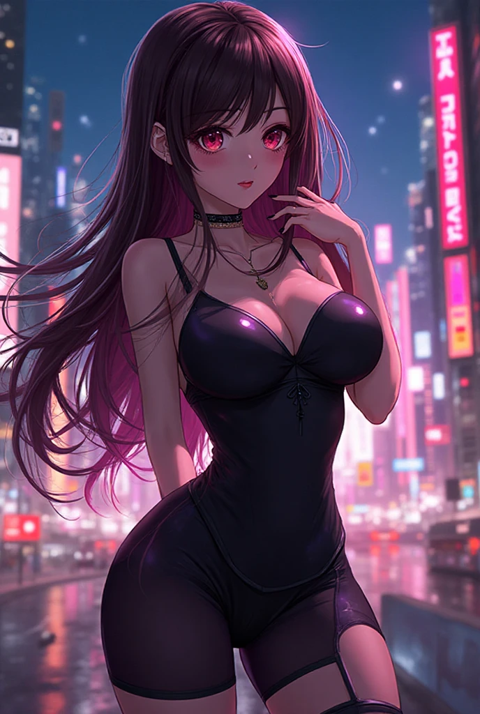 A Japanese anime girl on a luxury balcony, wearing a tight, low-cut dress, with a close-up of the  lines of her  and the neon lights reflecting off her body, highlighting its charm and the vibe of the night, 1girl, solo, (masterpiece, best quality:1.4), extremely detailed face, perfect lighting, ganyurnd, bbunnysuit, pantyhose, fake  ears, wrist cuffs, bowtie,
