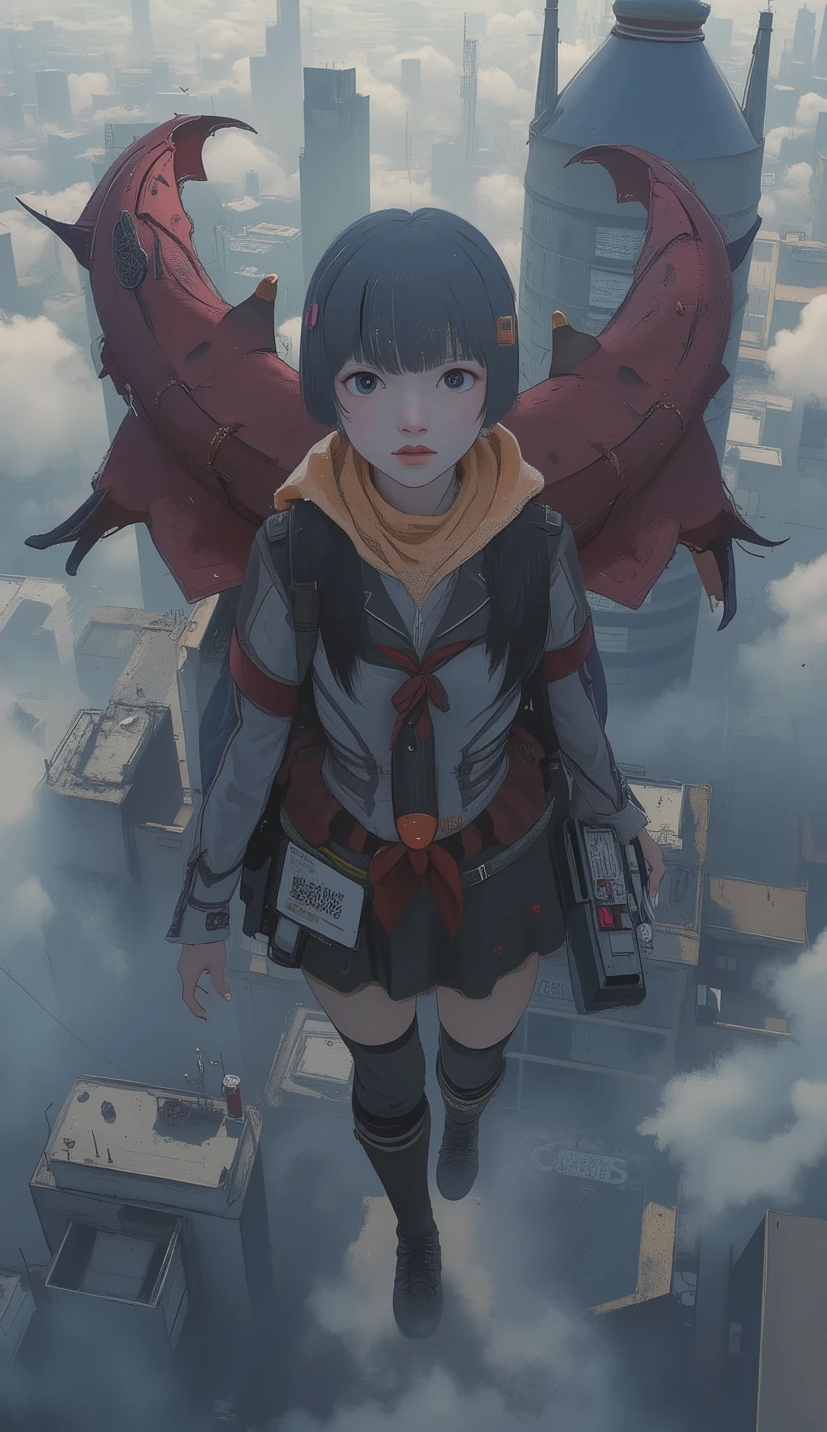 taken from above、High school girl、Flying like an American hero、High school girl flying at high speed、action scene、Japanese high school girl uniform、High above the clouds 、reality、anatomically correct、