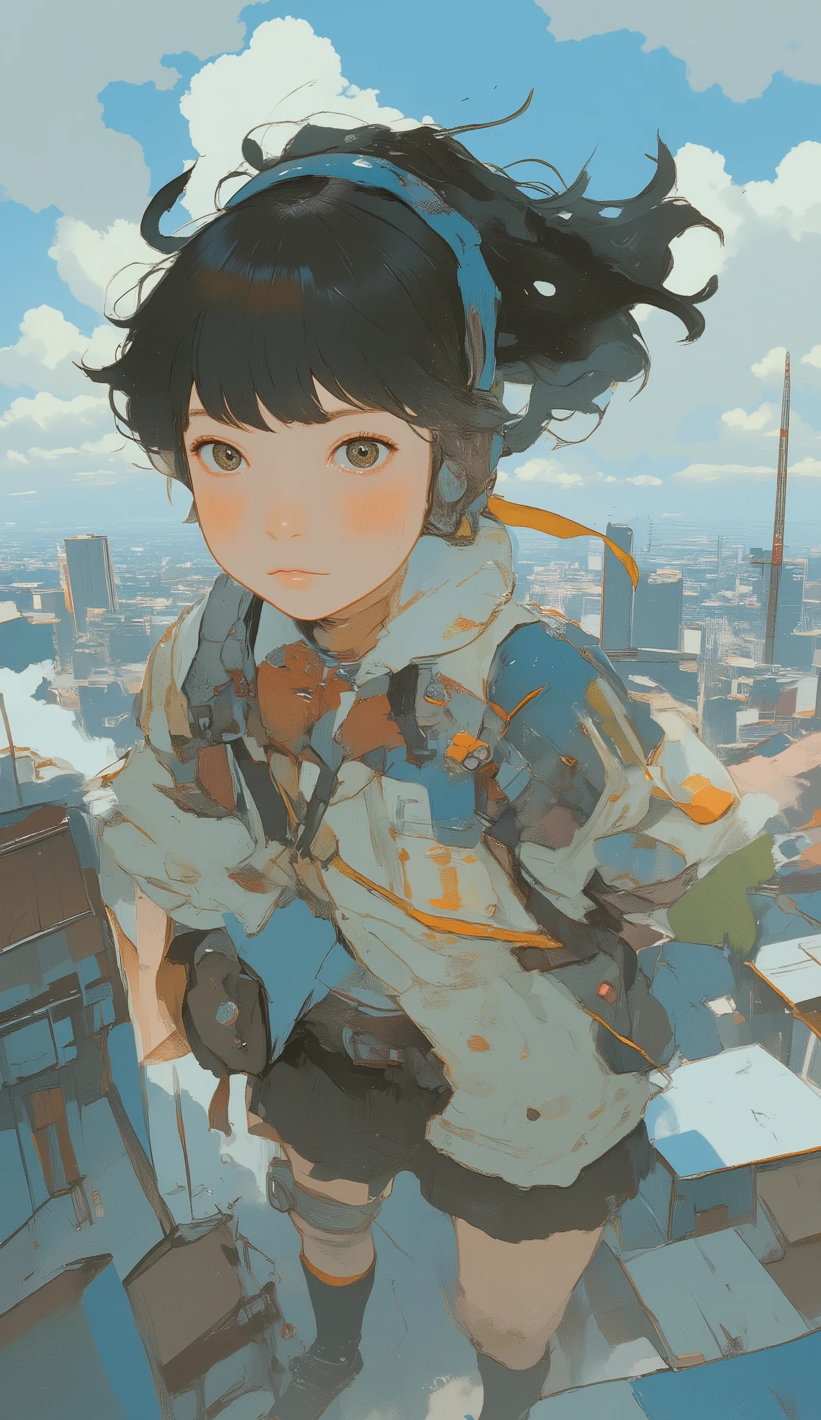 taken from above、High school girl、Flying like an American hero、High school girl flying at high speed、action scene、Japanese high school girl uniform、High above the clouds 、reality、anatomically correct、