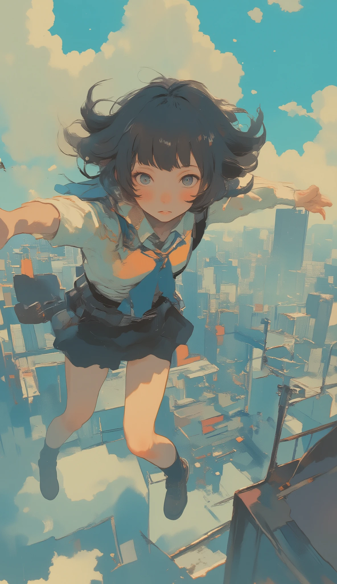 taken from above、High school girl、Flying like an American hero、High school girl flying at high speed、action scene、Japanese high school girl uniform、High above the clouds 、reality、anatomically correct、
